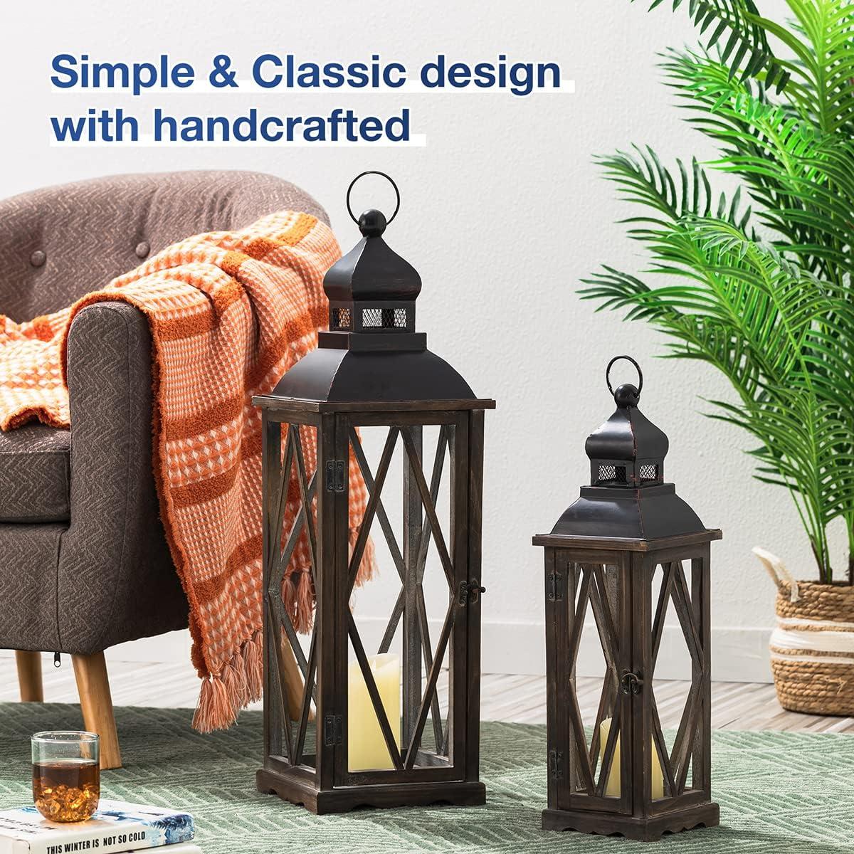 Glitzhome 2 Pack Farmhouse Wood/Metal Decorative Candle Lanterns Vintage Hanging Lantern for Patio - Tabletop, Black (No Glass)