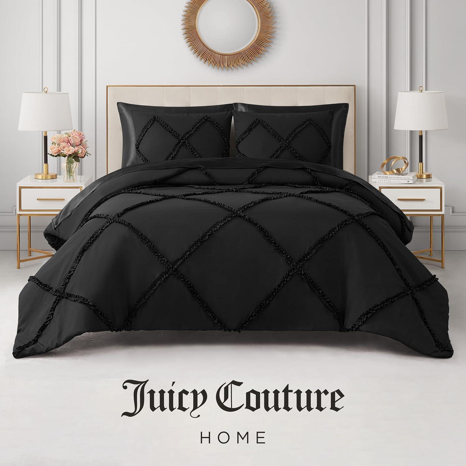 Full Black Microfiber Diamond Ruffle Reversible Comforter Set