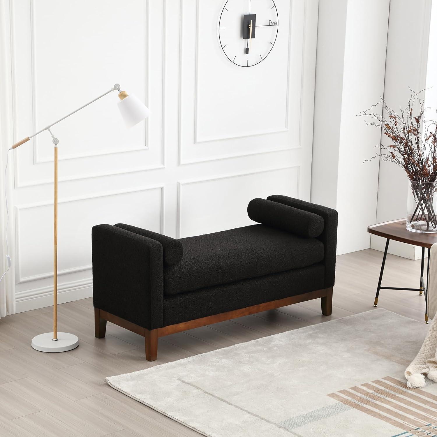 LUMISOL Upholstered Bench for Bedroom, 53.5" End of Bed Bench with Wooden Legs and Bolster Pillows, Entryway Shoe Bench for Living Room, Entryway, Black