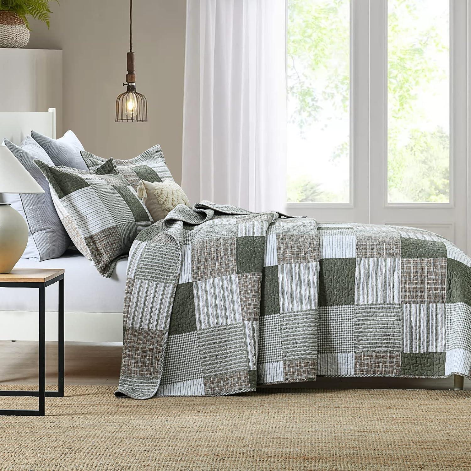 Y-PLWOMEN 100% Cotton Quilt King Size - Plaid Quilt Farmhouse Lightweight Quilted Bedspread, King Comforter Set, Soft Bed Spread for King Bed with Pillow Shams