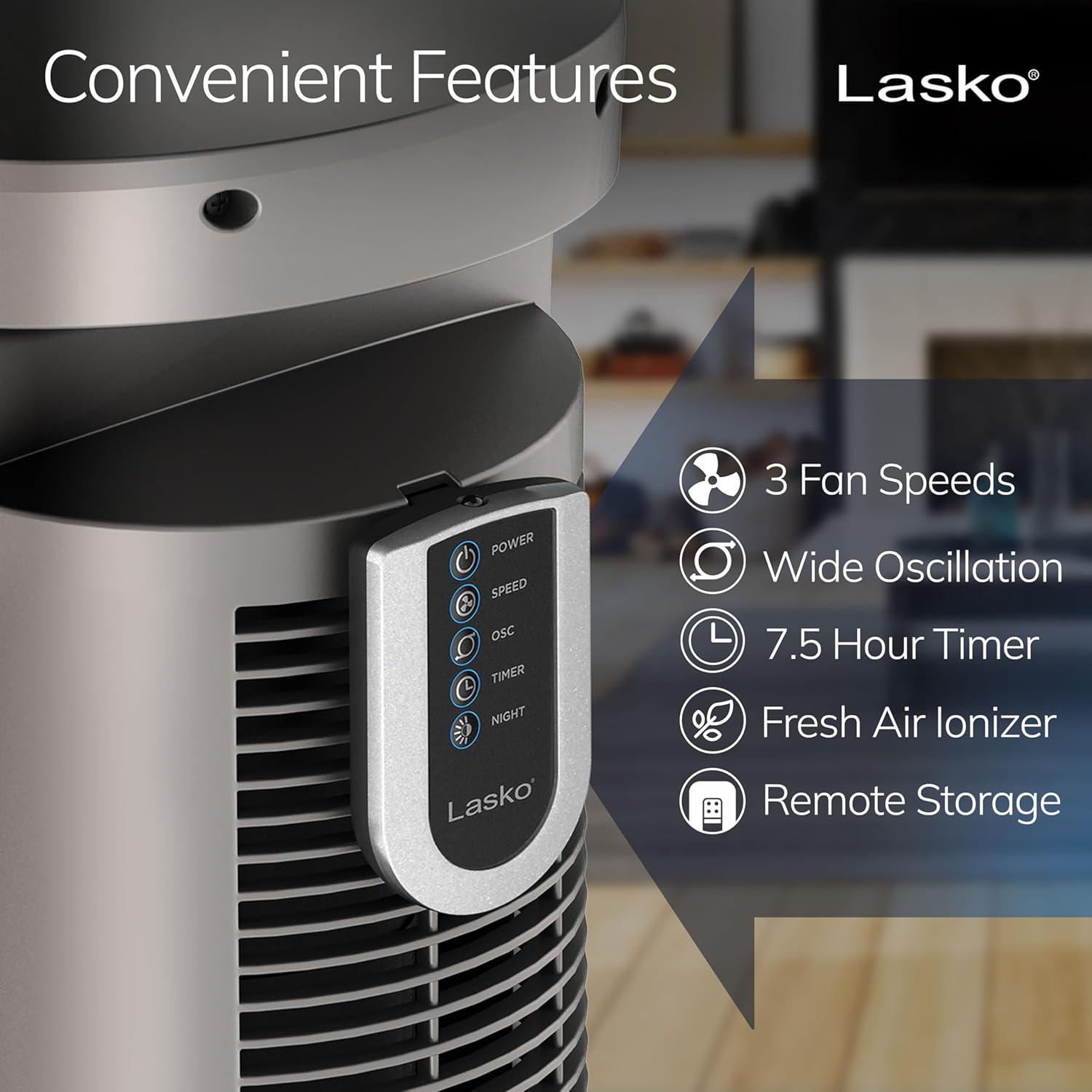 Lasko 42" Wind Curve Tower Fan with Nighttime Setting, Timer and Remote, Gray/Brown, T42954, New