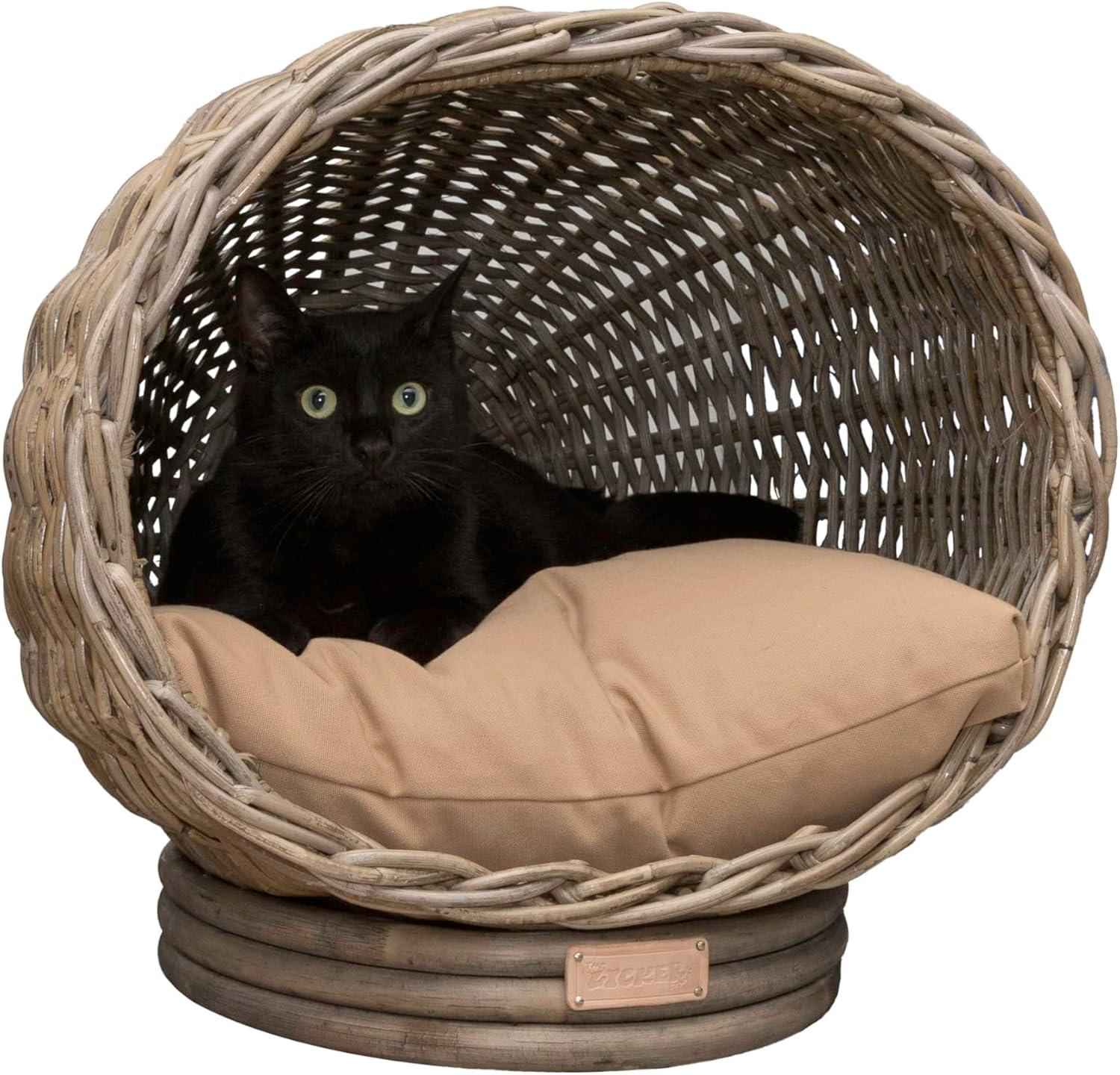 Kubu Gray Handwoven Rattan Dome Cat Bed with Cushion