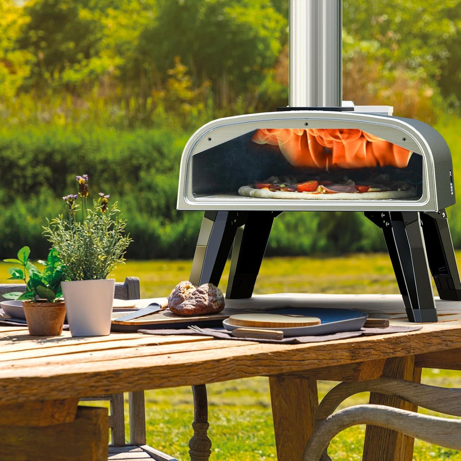 Pizza Oven Outdoor 12" Wood Fired Pizza Ovens Pellet Pizza Stove for Outside, Portable Stainless Steel Pizza Oven for Backyard Pizza Maker Portable Mobile Outdoor Kitchen (Swivel Grey)