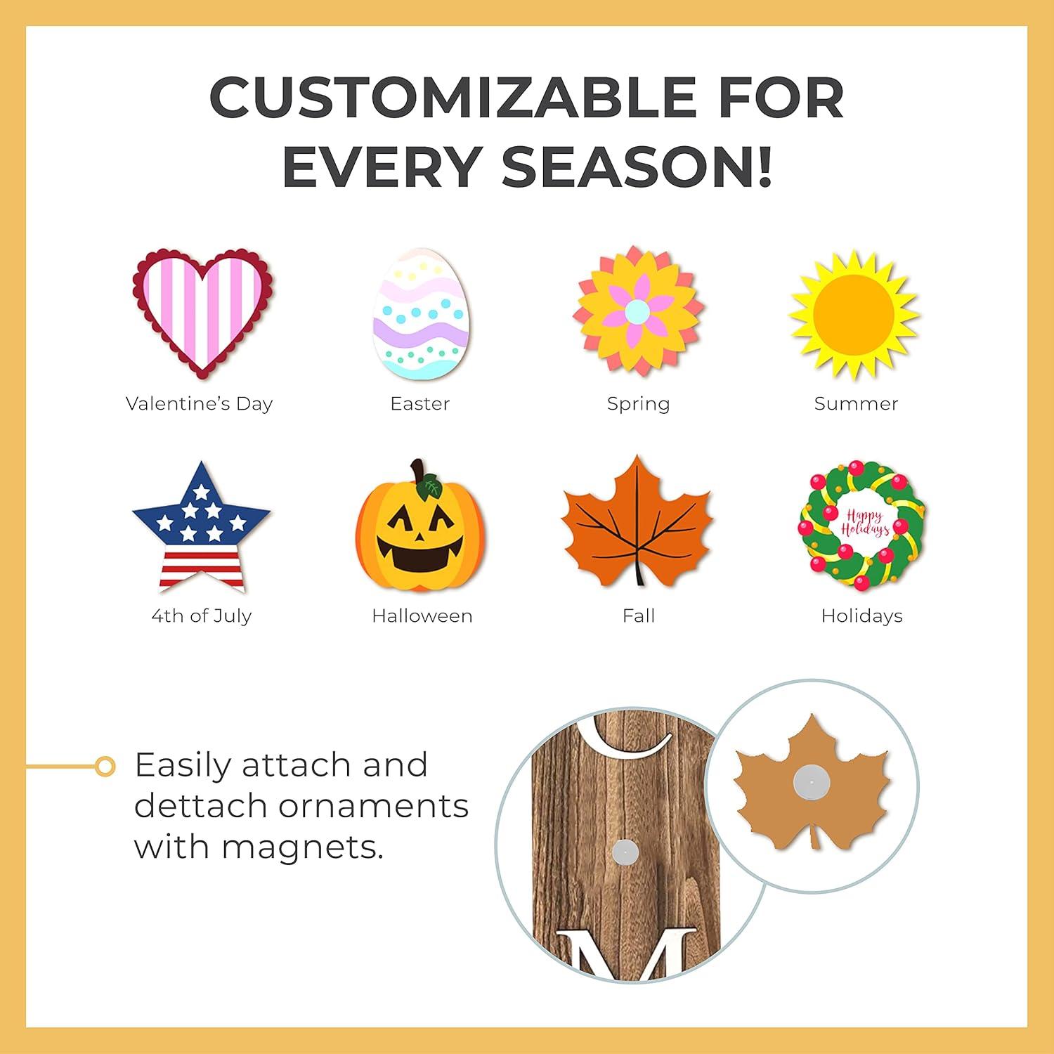 ALBEN Welcome Sign For Front Door Porch With Ornamental Tiles - 8 Interchangeable Seasonal Tiles, Celebrate Holidays and Seasons, Vertical Wooden Outdoor and Indoor Welcome Home Decor Sign