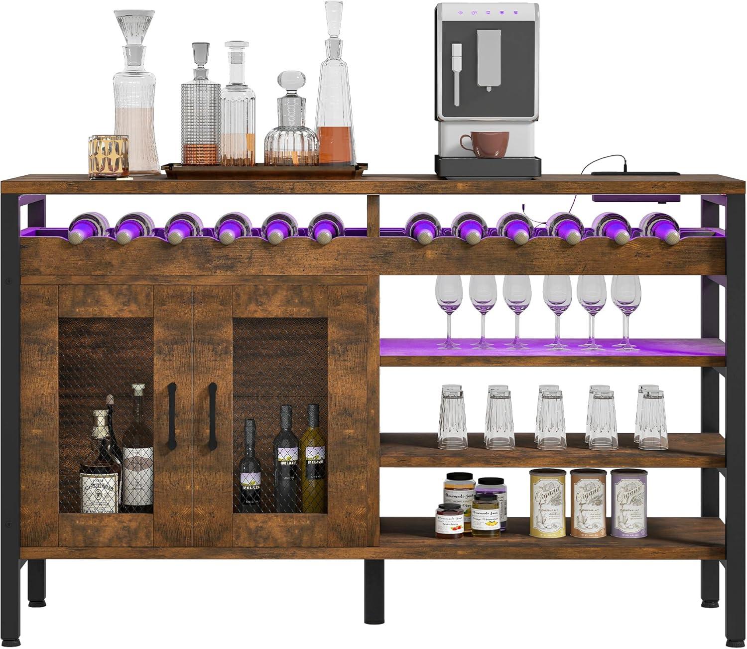 YITAHOME Wine Bar Cabinet with Power Outlets and LED Lights, Industrial Coffee Bar Cabinets for Liquor and Glasses Home Bar Kitchen Buffet Cabinet for Home Living Dining Room 47"