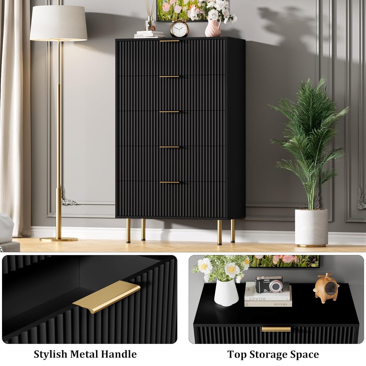 Garvee Fluted Wood Dresser 6 Drawers Dresser for Bedroom, Large Modern Chest of Drawers, Black Dresser with Gold Handle,for Living Room, Hallway