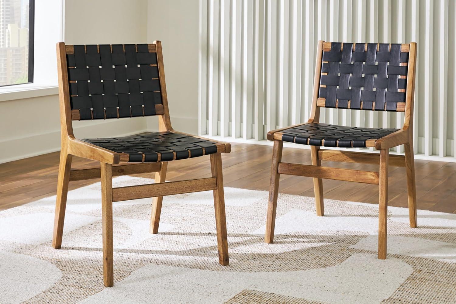 Black Woven Leather and Wood Side Chair Set