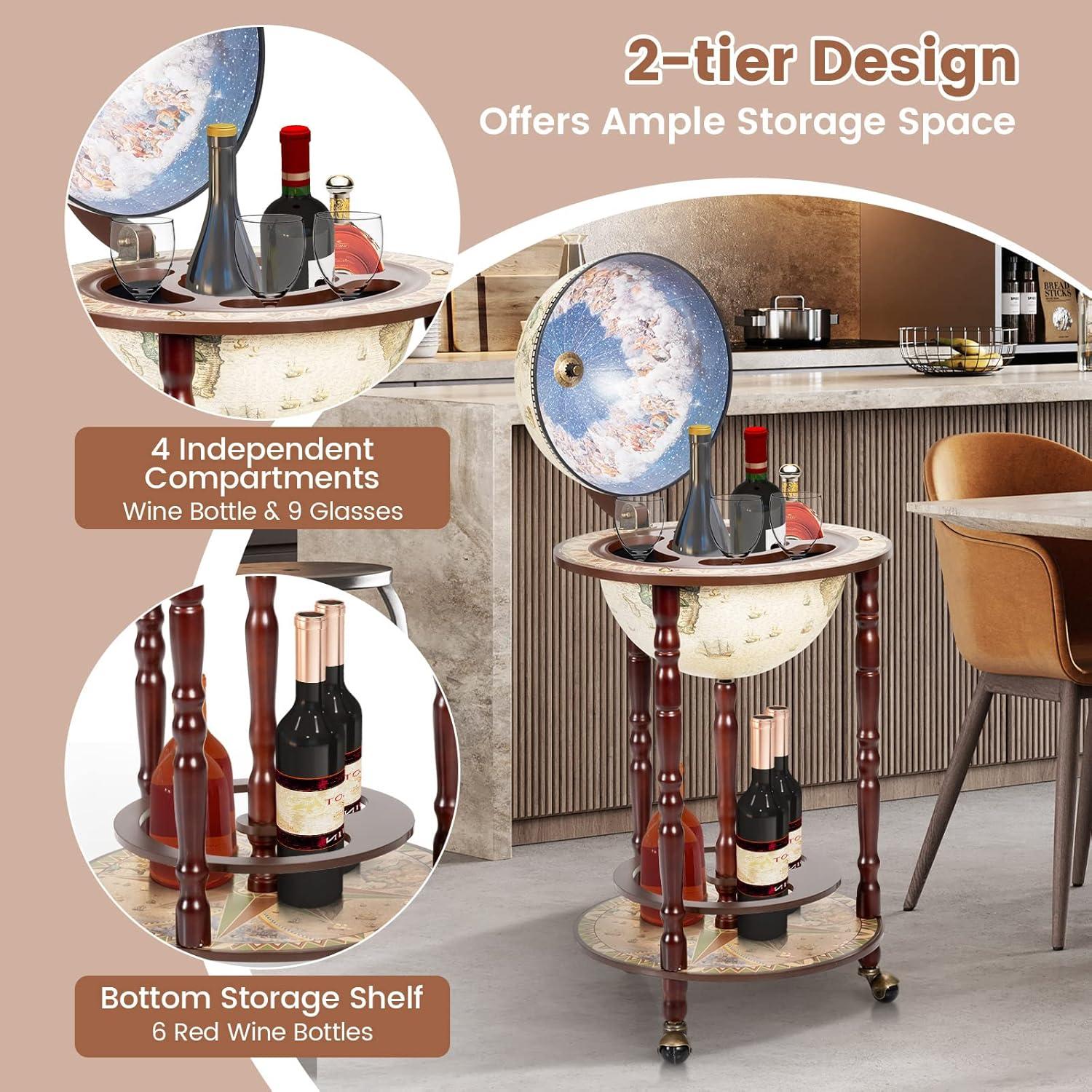 Giantex 17" Wine Bar Stand Cart, 16th Century Italian Replica Storage Shelf w/Wheels, Compact Wine Liquor Bottle Organizer