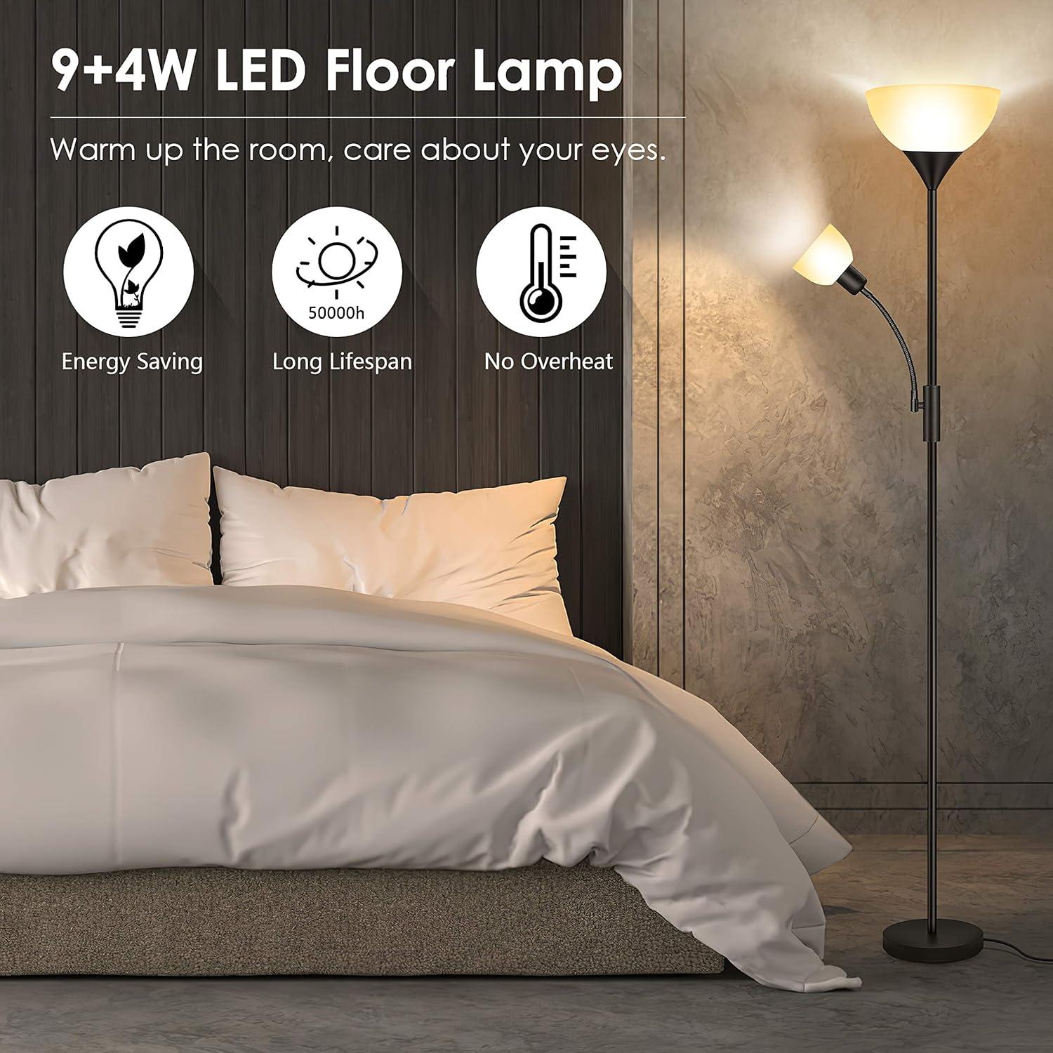 Floor Lamp, Standing Lamp, 9W LED Torchiere Floor Lamp with 4W Adjustable Reading Lamp, 3000K Energy-Saving LED Bulbs, 3 Way Switch, 50,000hrs Lifespan, Floor Lamps for Bedroom, Living Room,