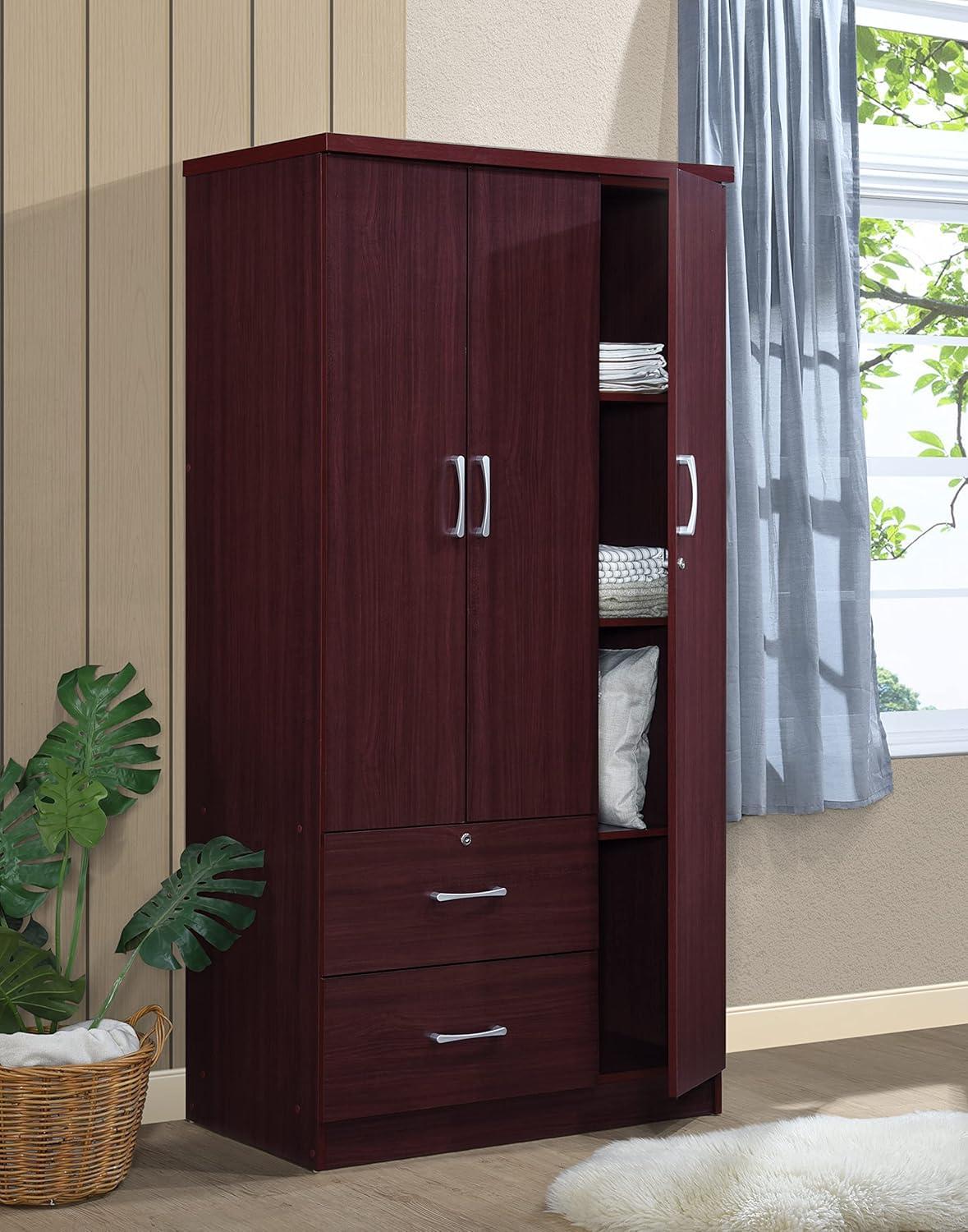 Hodedah 3 Door Bedroom Armoire with Drawers, Mahogany