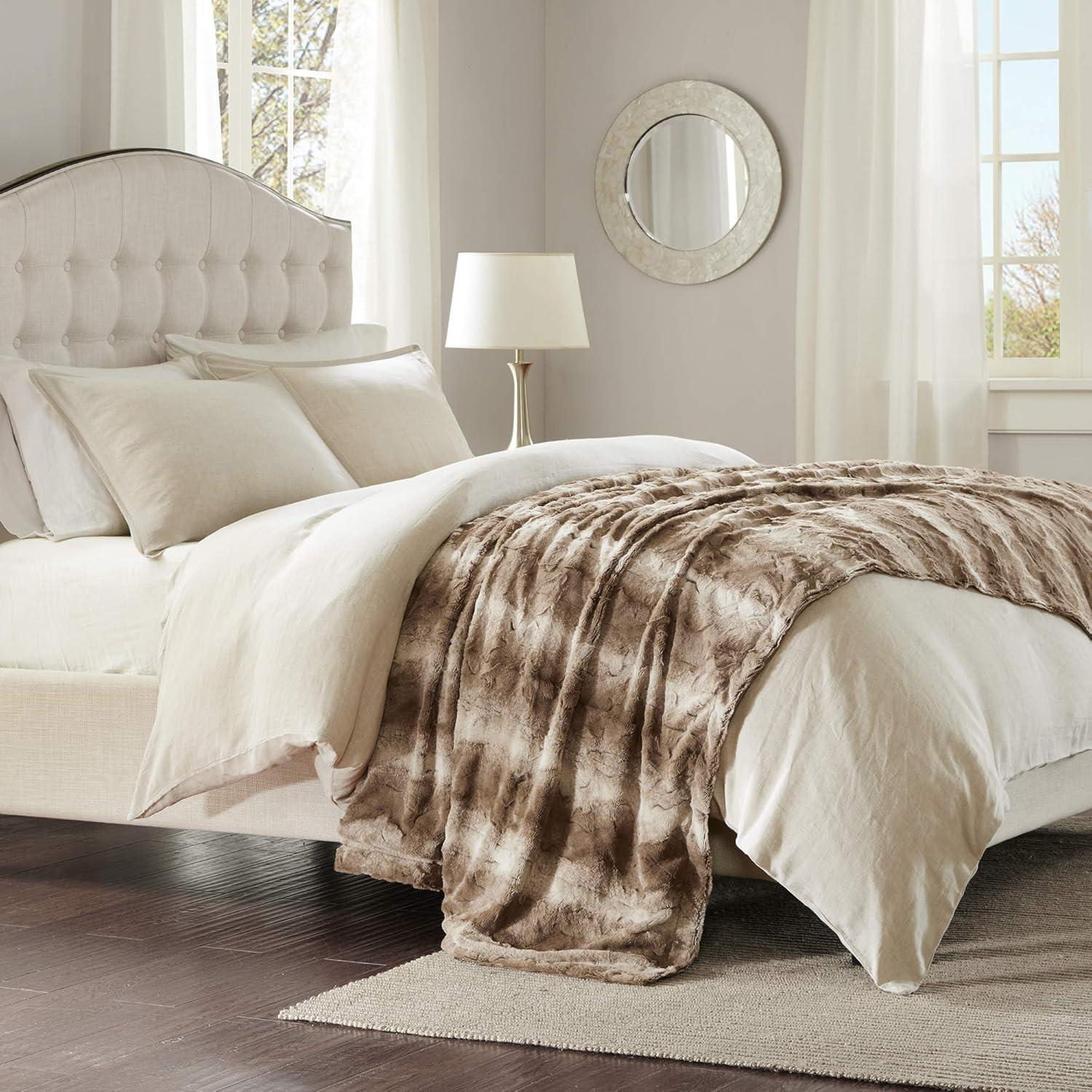 80"x96" Marselle Faux Fur Oversized Bed Throw Blanket Tan