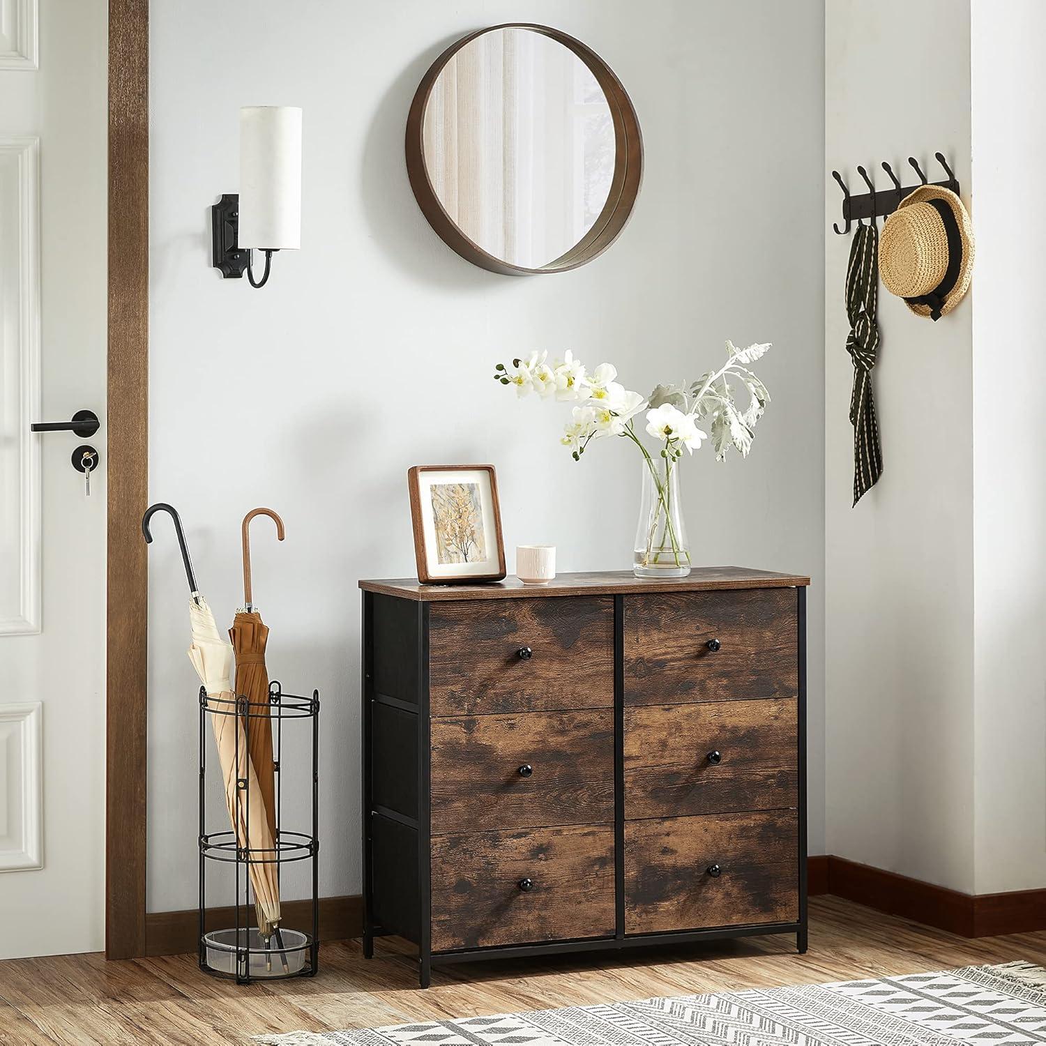 Rustic Brown and Black 6-Drawer Fabric Dresser with Metal Frame