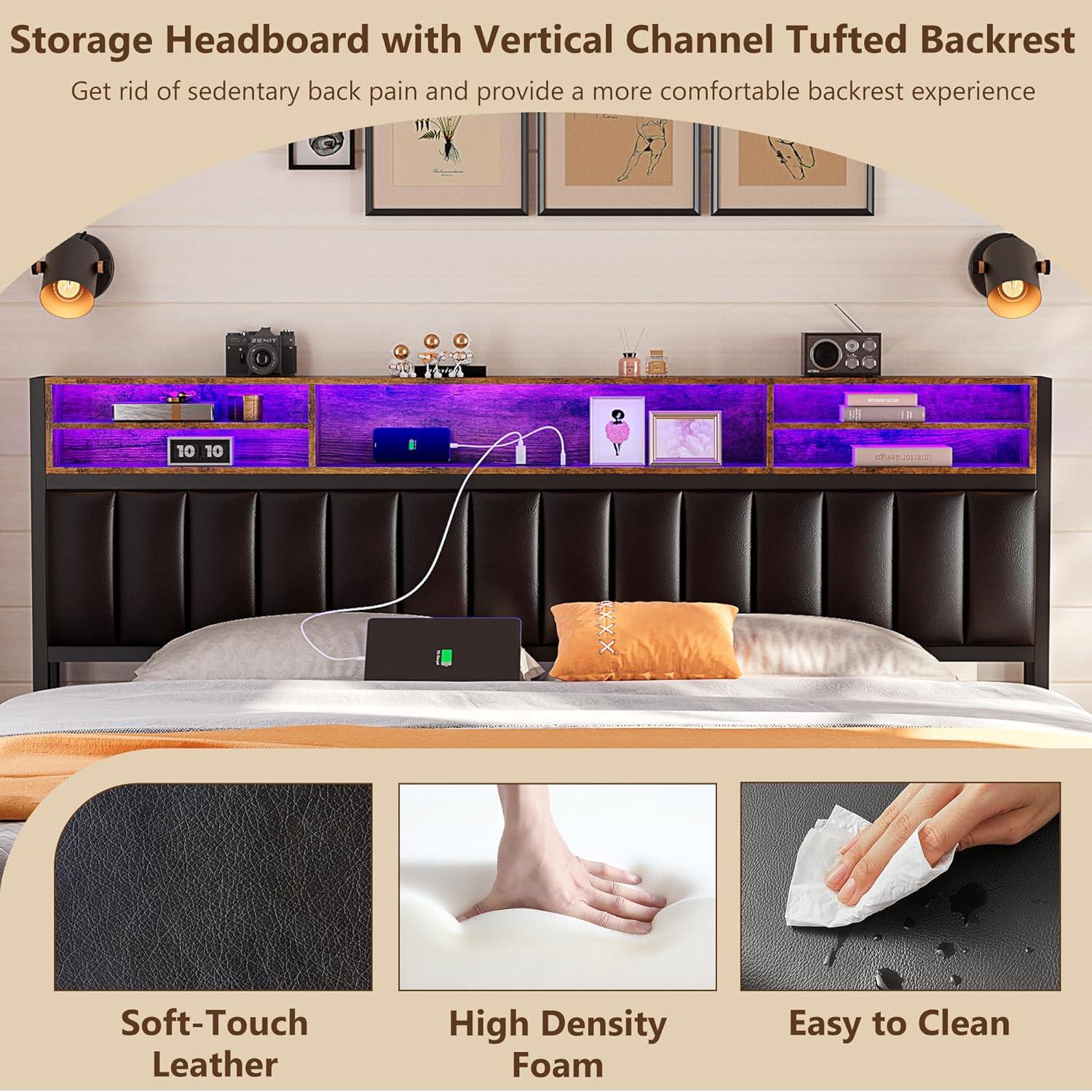 Kanchi Upholstered Metal Platform LED Bed Frame with 4 Storage Drawers and Bookcase Headboard, Black