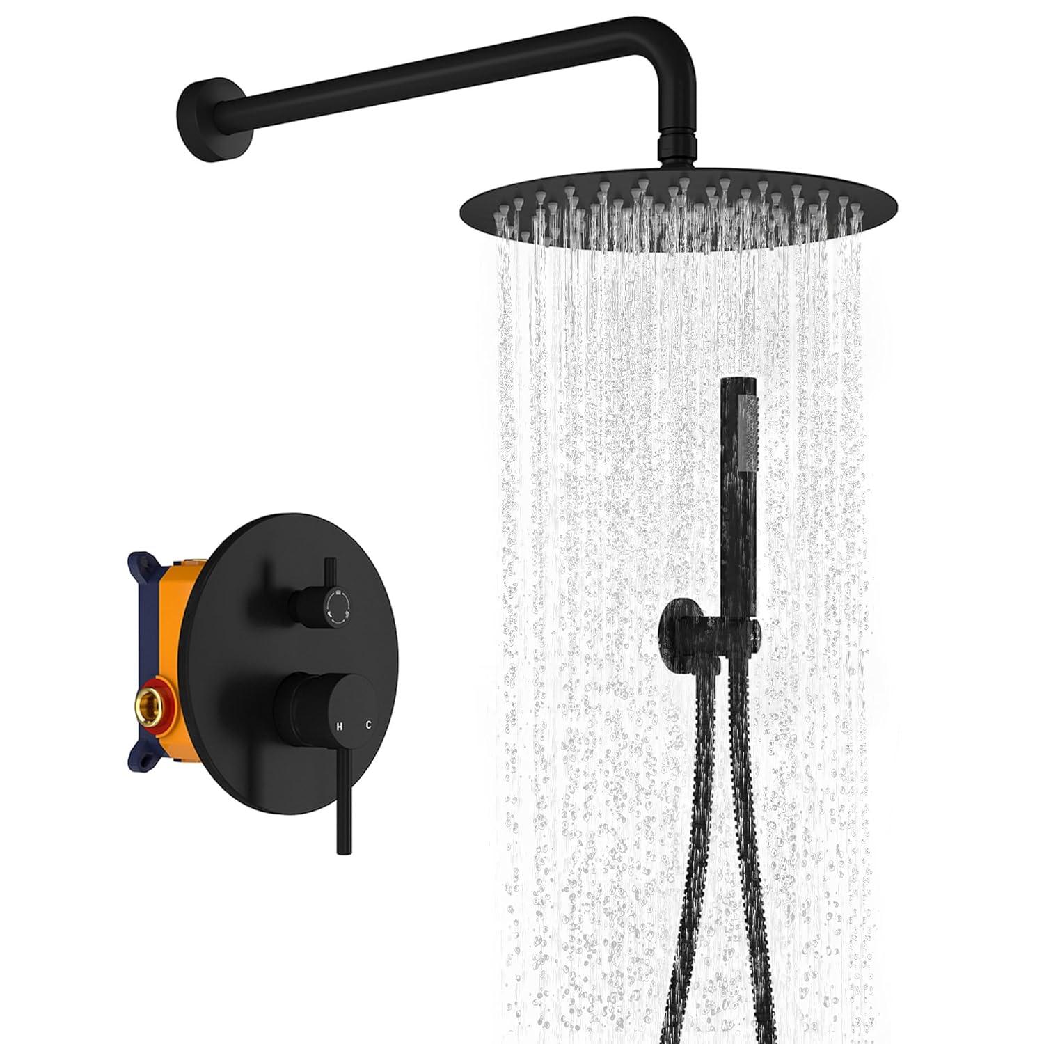 High-Pressure Shower System with 10 Inch Round Rain Shower Head and Handheld Wall Mounted, Shower Faucet Set Combo Set with 2 in 1 Handheld Showerhead for Bathroom, Matte Black