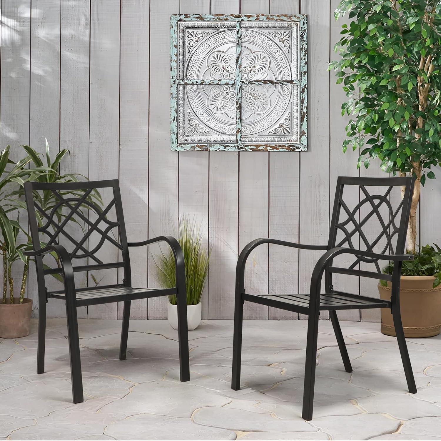 Iwicker Patio Outdoor Dining Chairs Set of 2 Steel Metal Stackable Dining Chairs with Armrest, Black