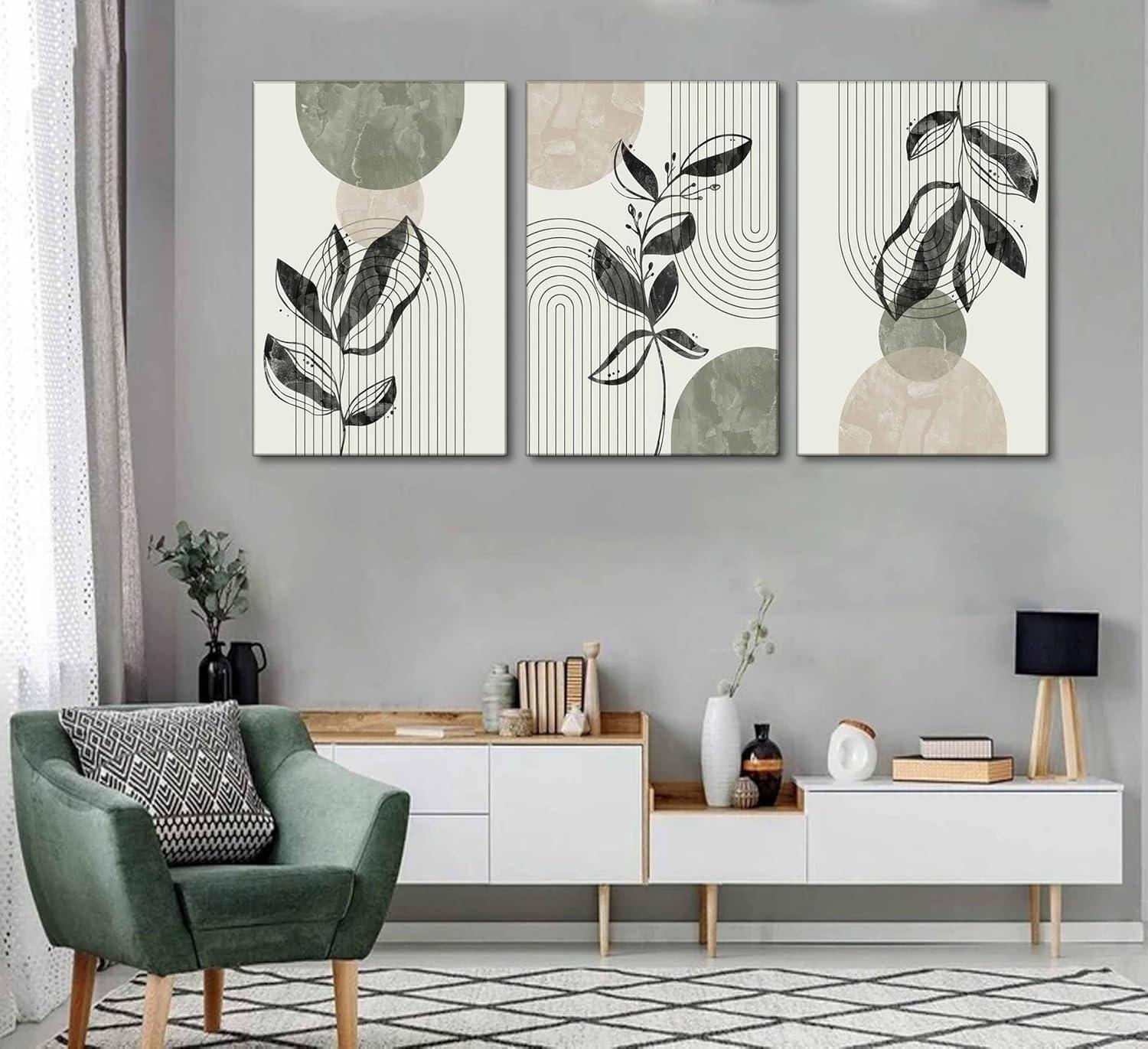 Sage Green Abstract Boho Canvas Wall Art Set