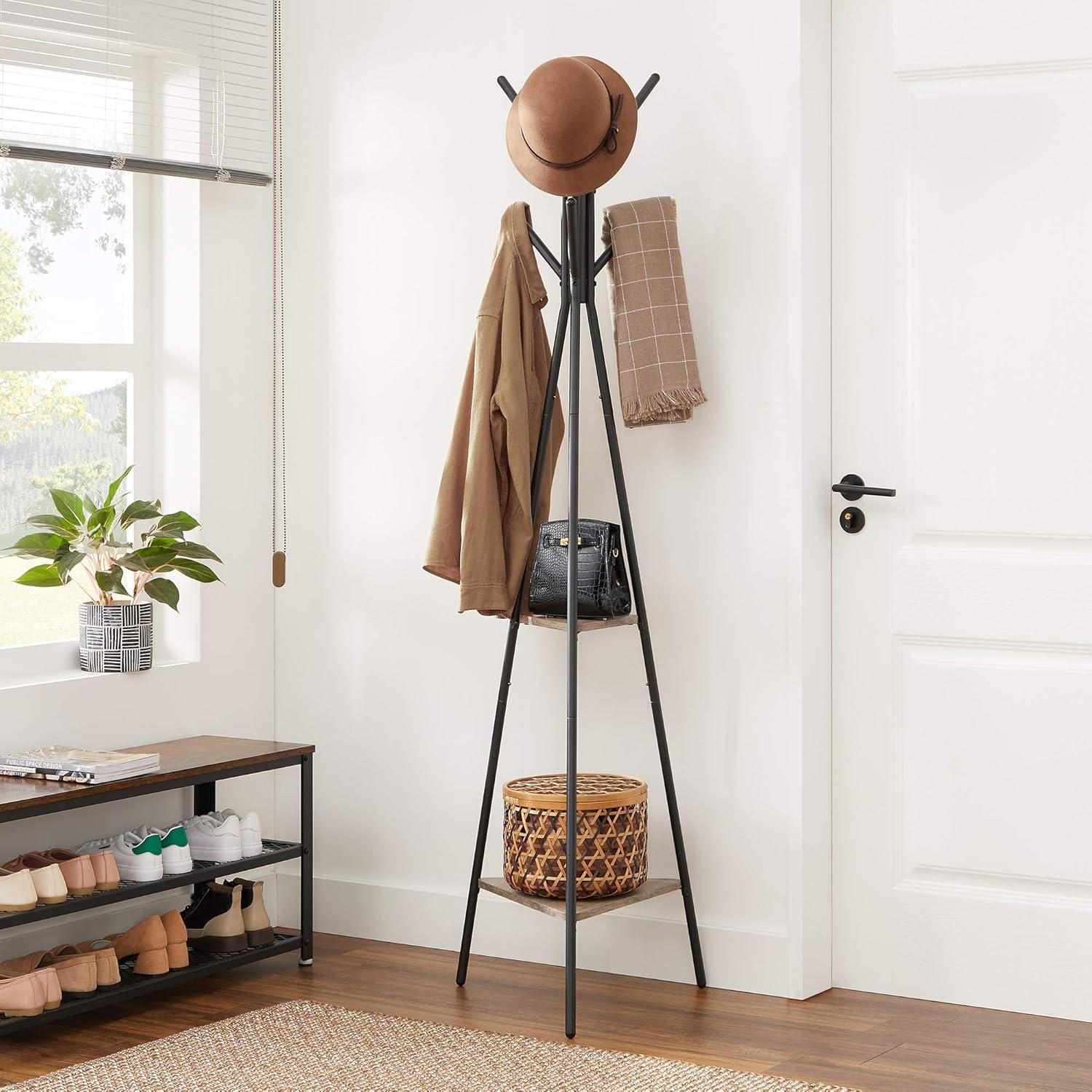 Coat Rack Freestanding Coat Hanger Stand Hall Tree with 2 Shelves for Clothes Hat Bag Industrial Style Greige and Black