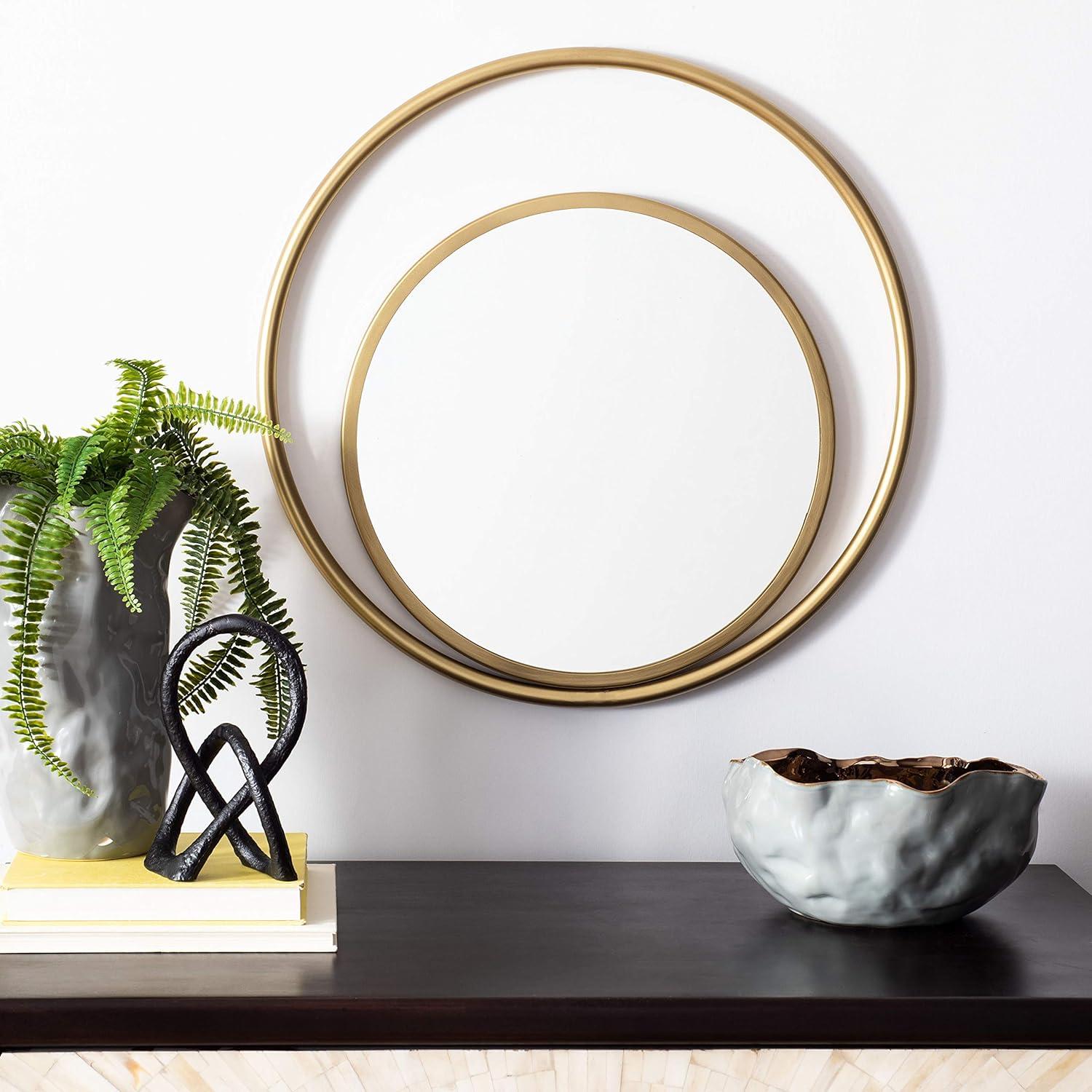 Contemporary Round Wood & Gold Brushed Brass 23.75" Mirror