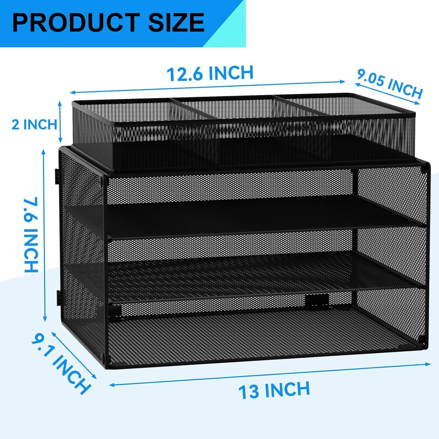 Black 3-Tier Mesh Letter Tray Organizer with Drawer