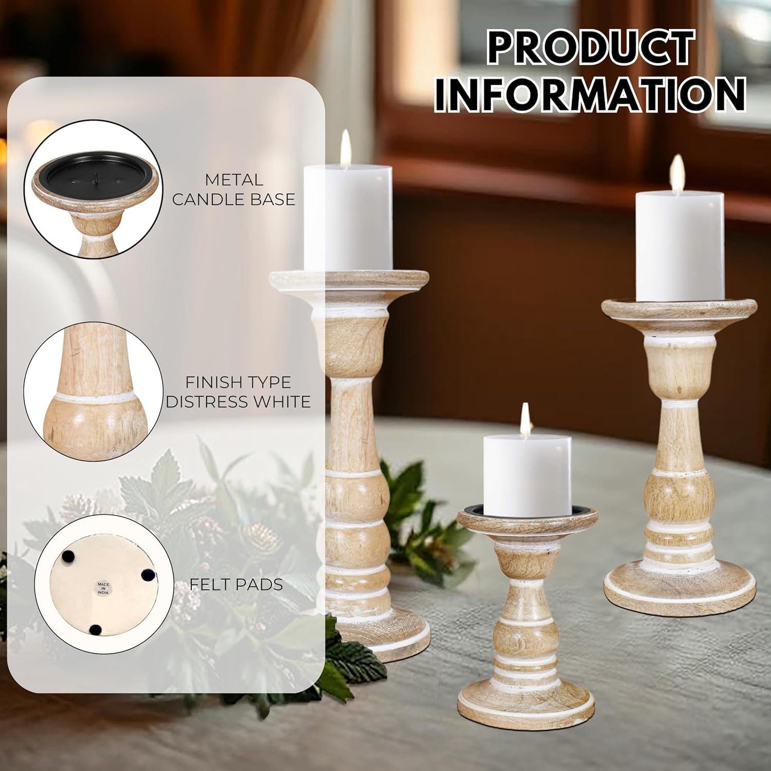 DecMode Traditional and Timeless Mango Wood Pillar Candle Holder Set of 3, 6", 8", 10"H, Cream Finish