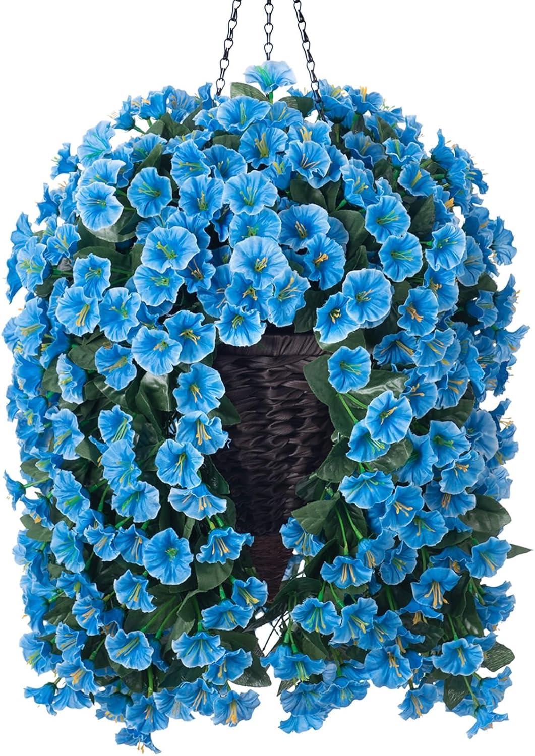 Artificial Hanging Flowers in Basket Fake Plant for Outside, Silk Pink Morning Glory Flower Arrangement for Outdoor Decor, UV Resistant Realistic Floral Planter for Porch Patio Balcony