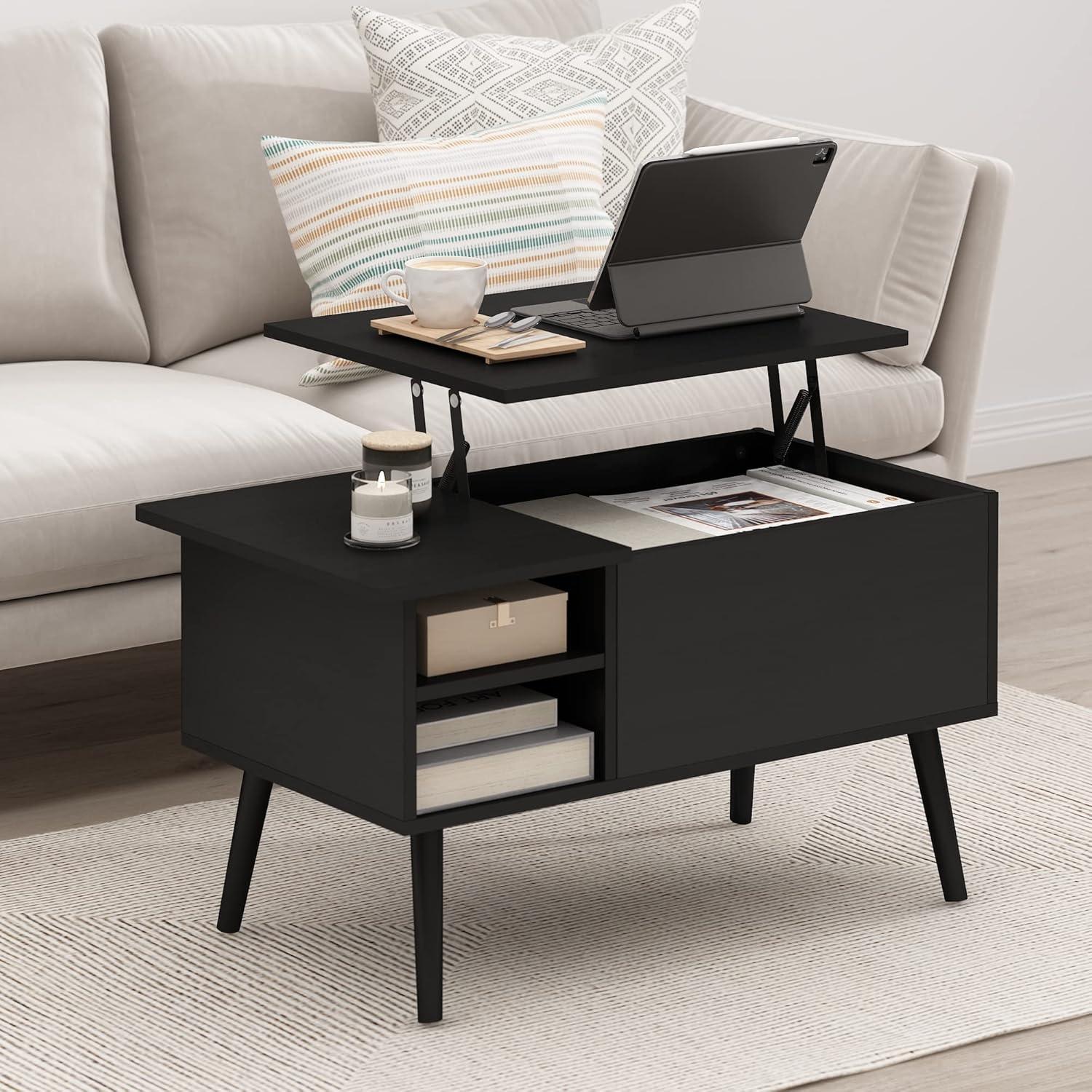 Furinno 35.2" Lift Top Coffee Table Multifunctional Accent Table w/Hidden Compartment and Side Open Storage Shelf Living Room Furniture,Americano