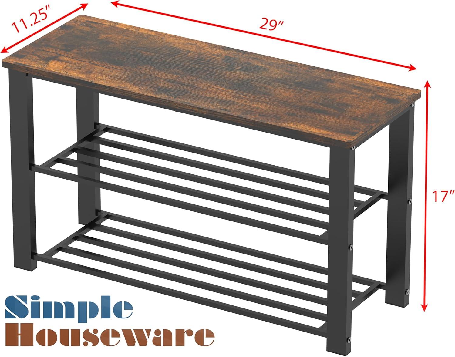 Rustic Brown Metal Frame Shoe Storage Bench with Wood Top