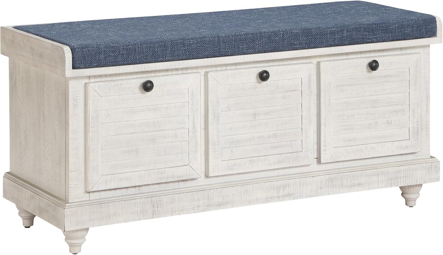 Dover Storage Bench in Wood Distress White with Navy Fabric Cushion ASM