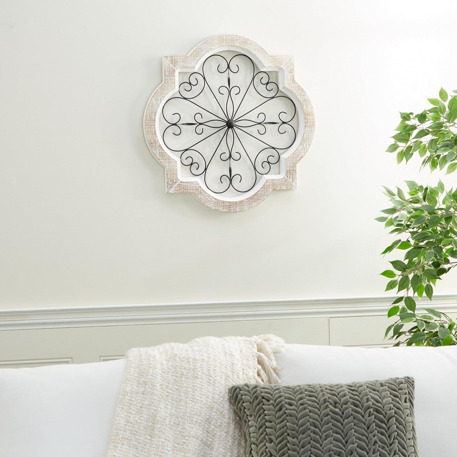 DecMode White Wooden Scroll Wall Decor with Metal Scroll Work