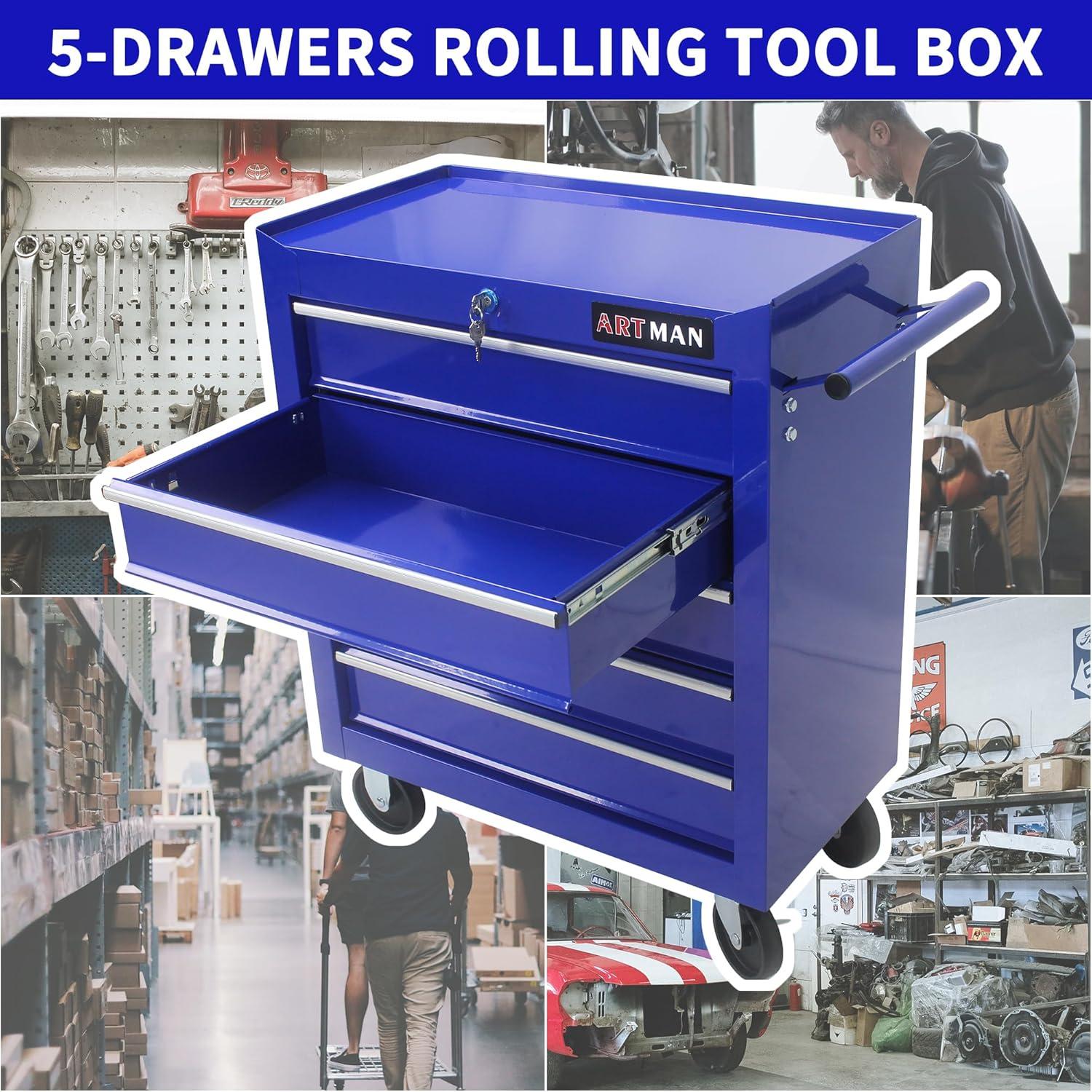 5 Large Drawers Tool Cart on Wheels,Rolling Tool Chest Tool Storage,Drawers Rolling Tool Trolley Organizer Tool Case for Garage, Warehouse, Workshop, Repair Shop (5 Large Drawers-29.3" H-Blue)