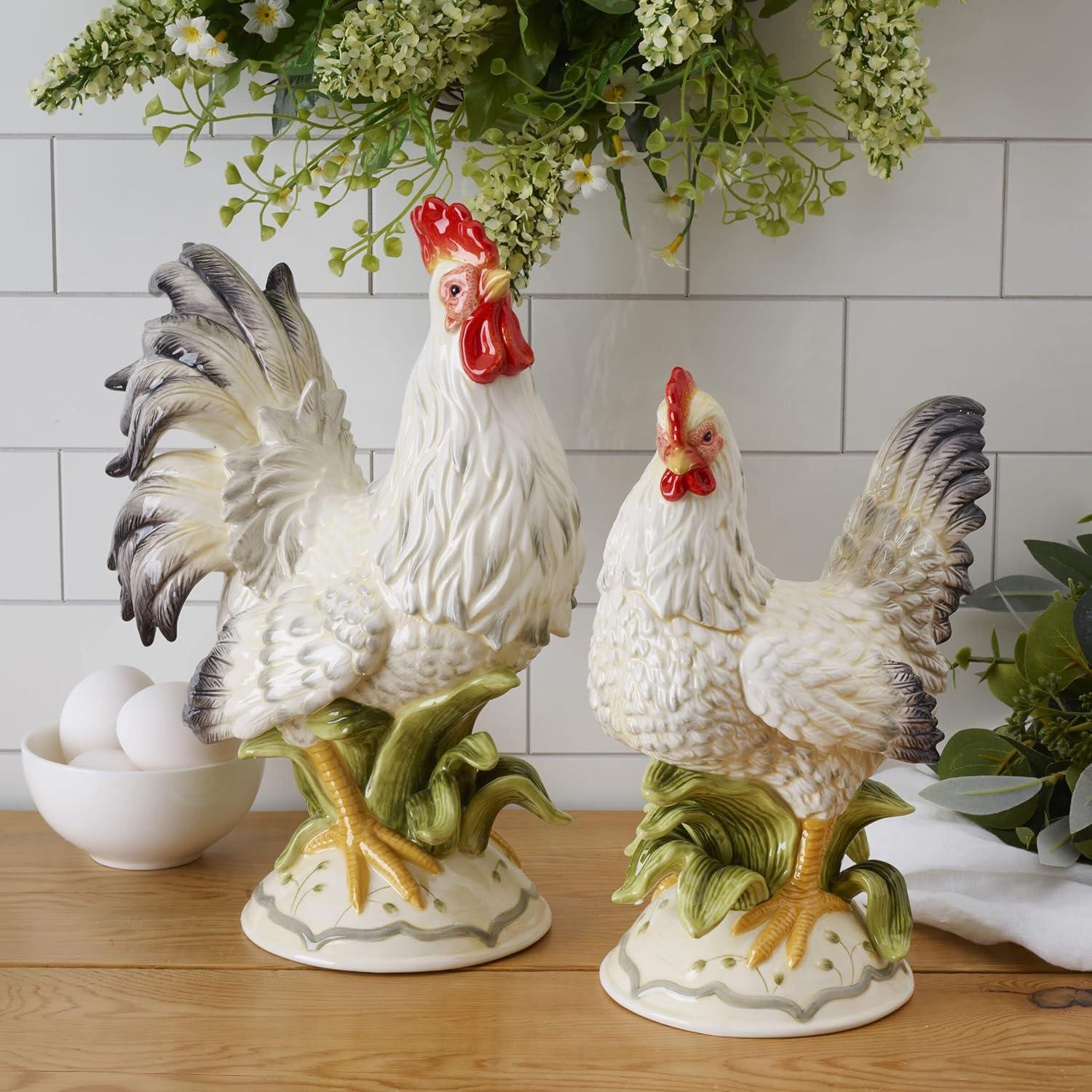 Hand-Painted Ceramic Rooster & Hen Figurine Set