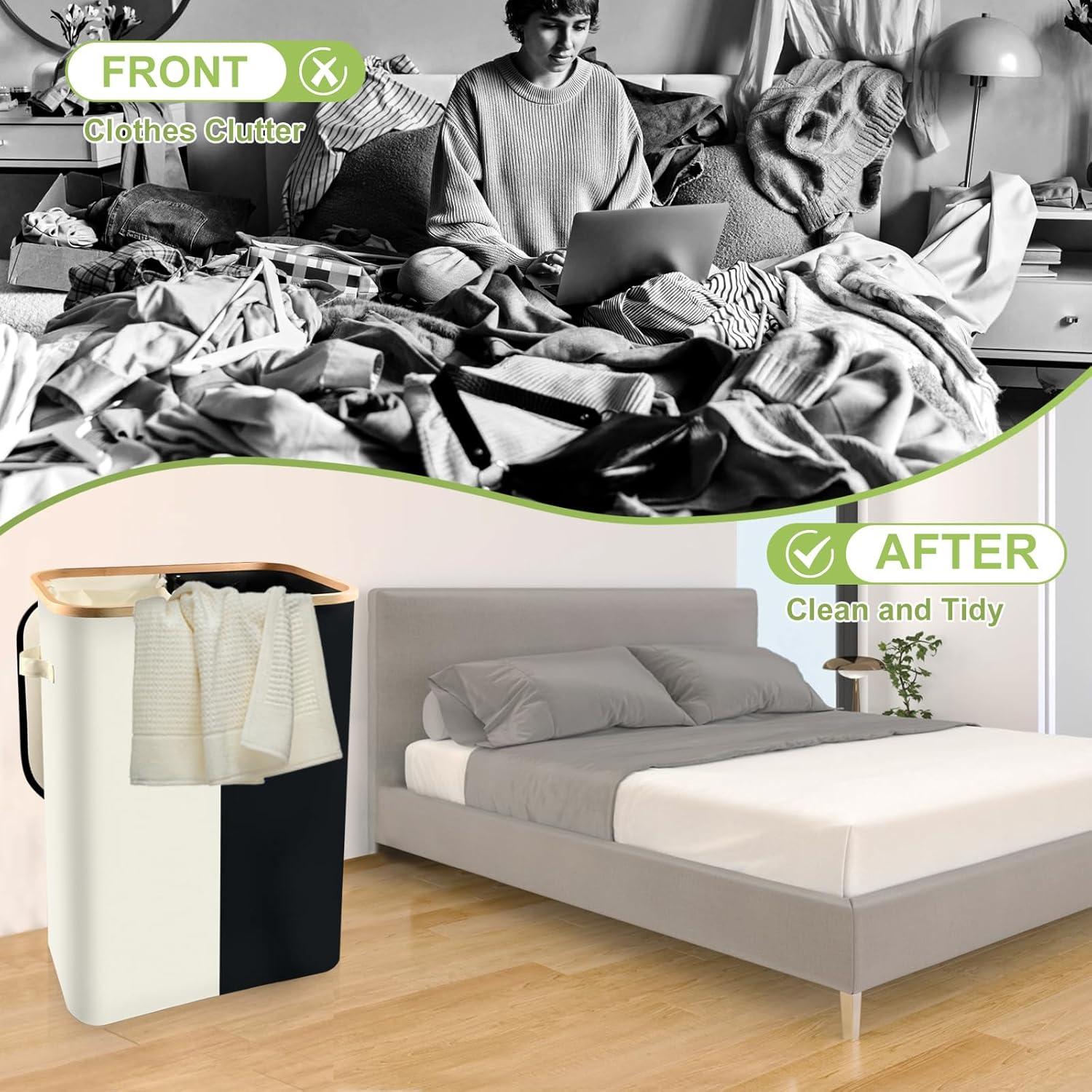 Efluky Laundry Basket with Lid and Removable Bag, 100L Tall Laundry Hamper with Bamboo Handles, Aesthetic Dirty Clothes Bin for Laundry Room, Bathroom, Bedroom and Dorm,Grey