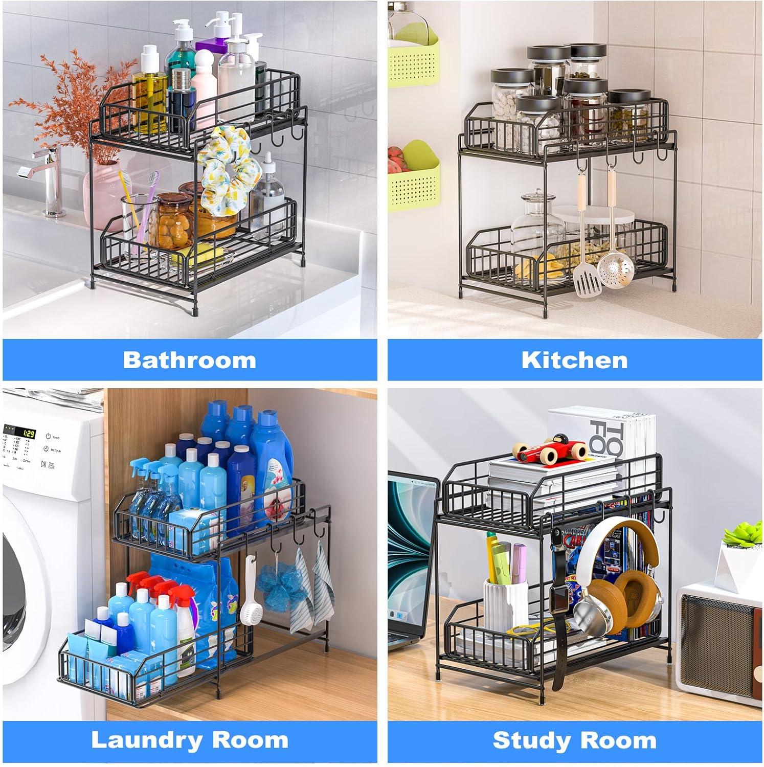 Rebrilliant Under Sink Organizer, 2 Tier Under Sink Organizers And Storage, Metal Slide Out Pull Out Cabinet Organizer ,2 Pack Sliding Drawer Organizer For Kitchen Bathroom Pantry