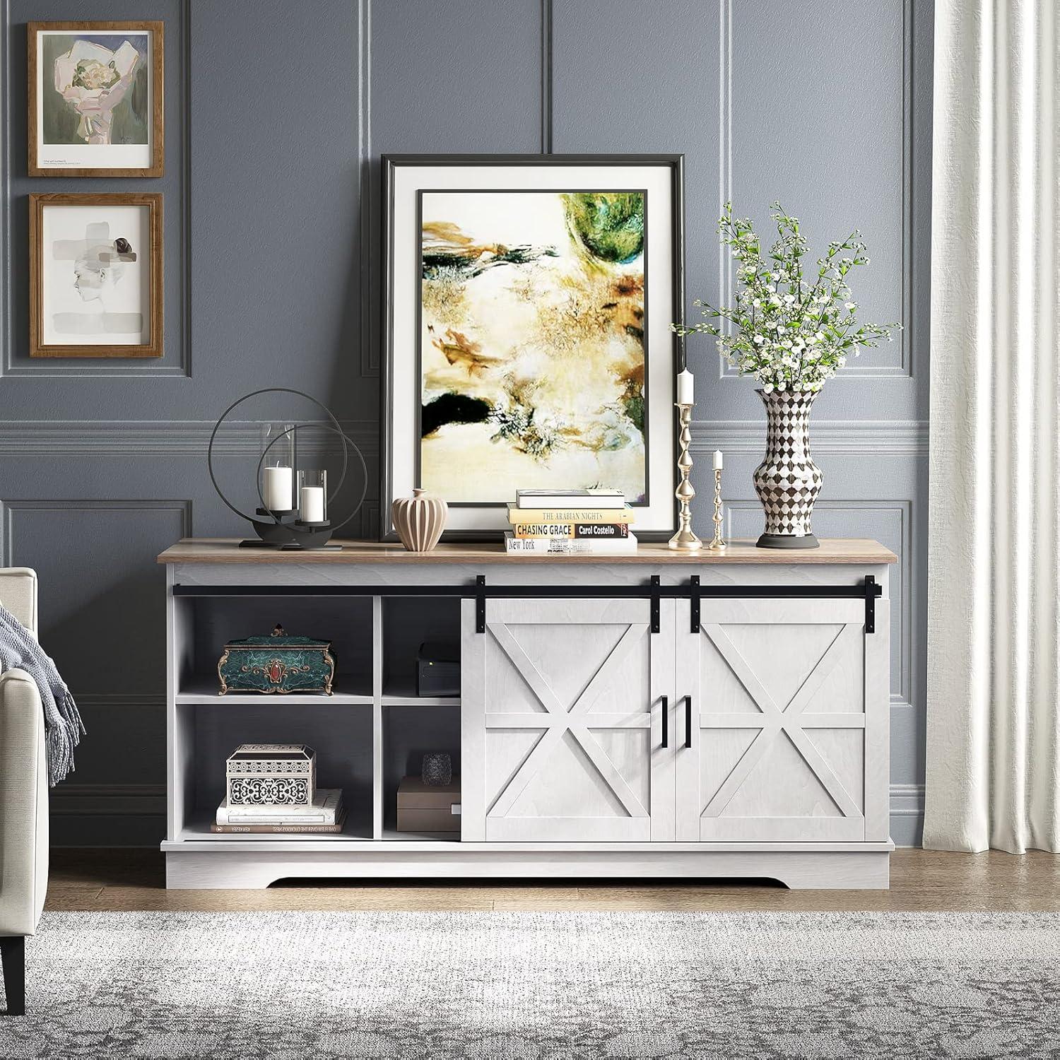 Kitchen Buffet Cabinet, 60“ Farmhouse Sliding Barn Door Coffee Bar Sideboard Buffet Cabinet with Capacity 300 lbs for Home Kitchen Dinning Living Room, Grey White/Grey Wash