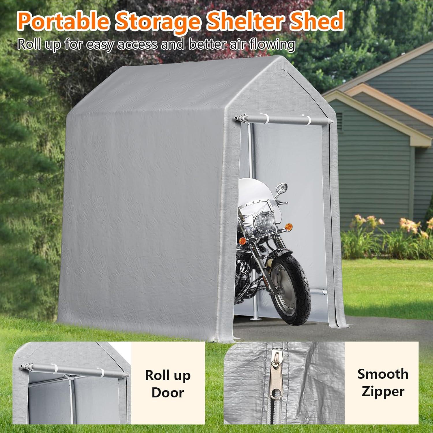 Soonbuy 6" x 8"Outdoor Storage Shelter Shed- Heavy Duty Storage Tent with Roll-up Zipper Door , Portable Garage Storage shed for Bike, Motorcycle Shelter, Gray