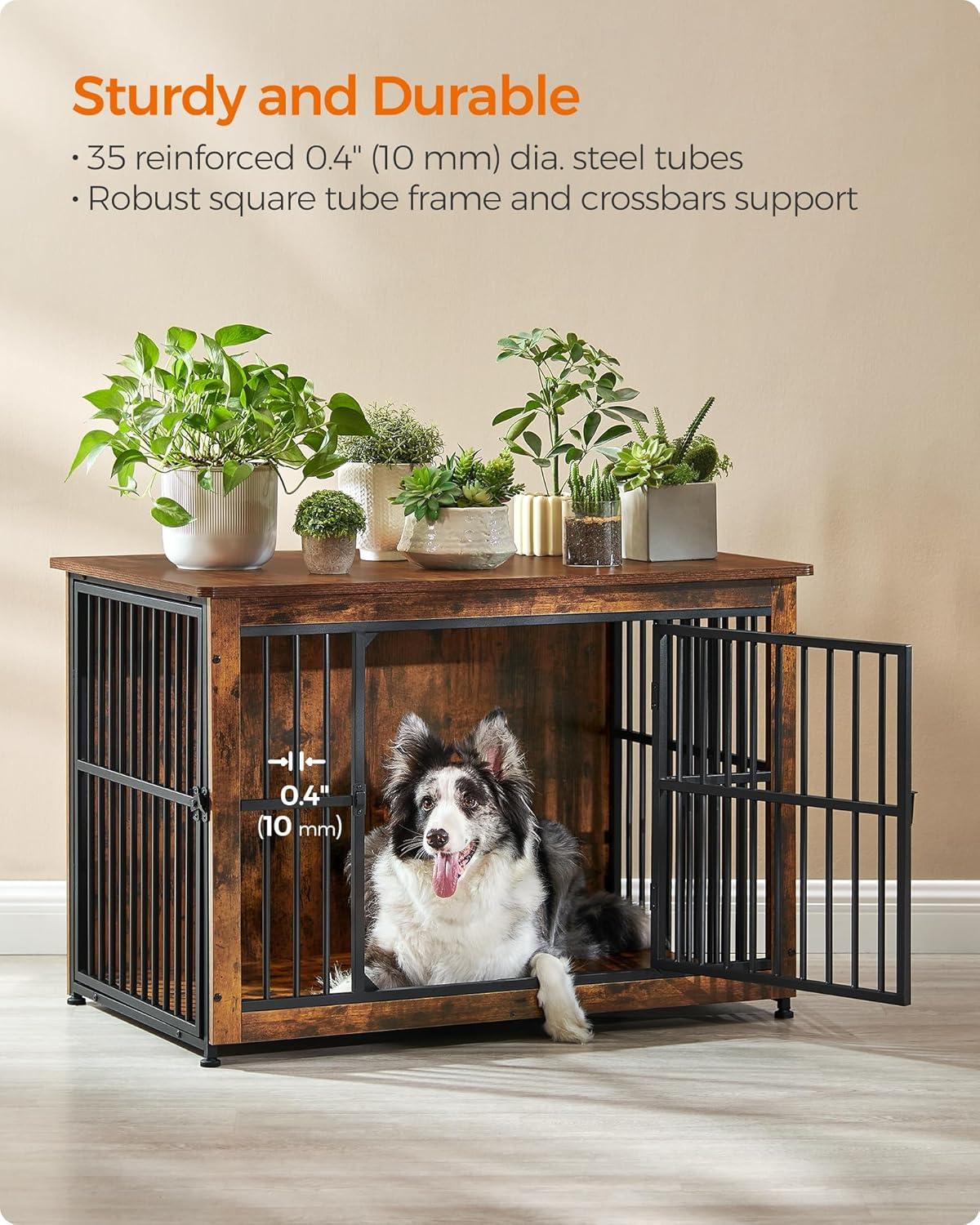 Feandrea Dog Crate Furniture, 38 Inches Dog Kennel for Dogs up to 70 lb, with Removable Tray, Heavy-Duty Dog Cage End Table, Double Doors Dog House, Rustic Brown UPFC013X01
