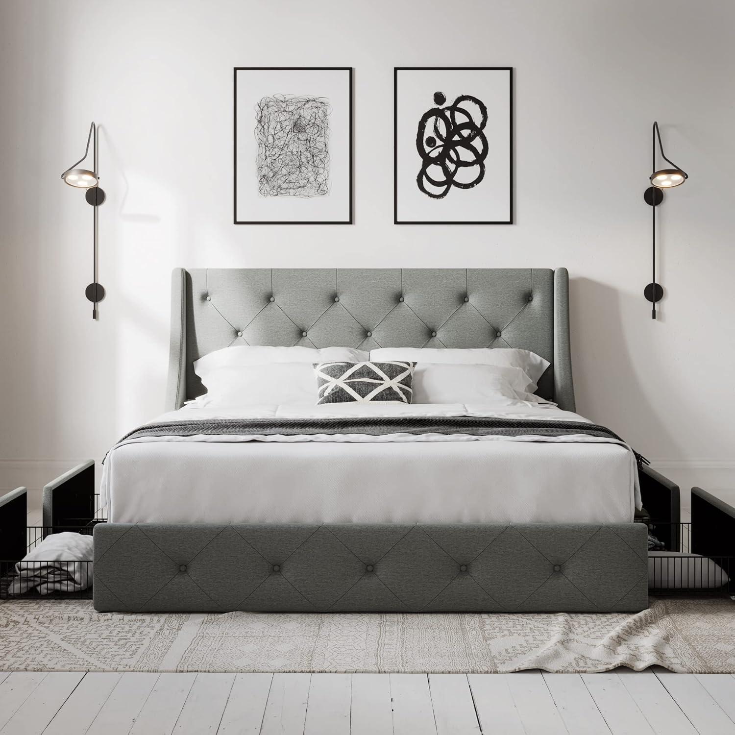 Light Grey Queen Upholstered Platform Bed with Storage Drawers