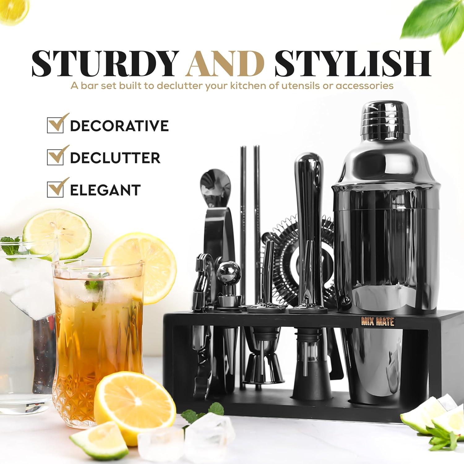 Black Stainless Steel 15-Piece Cocktail Shaker Set with Wood Stand