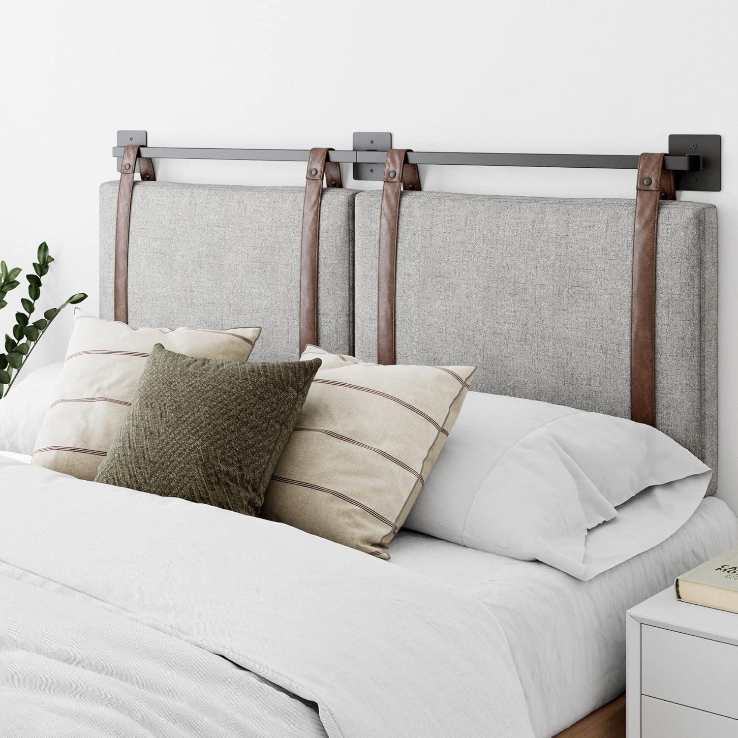 Gray Upholstered King Wall Mount Headboard with Leather Straps