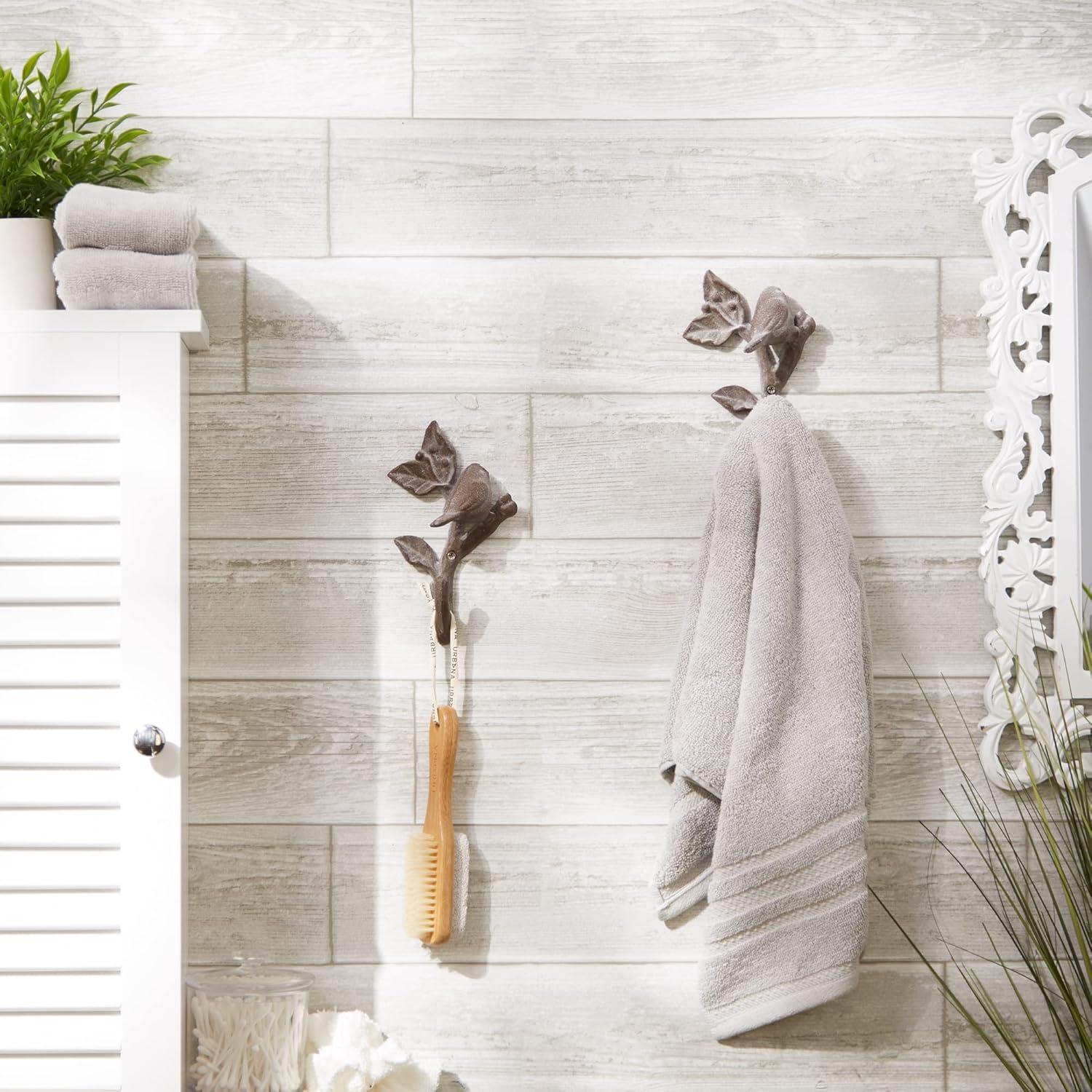 Cast Iron Bird with Leaves Wall Hook, Brown - Set of 2