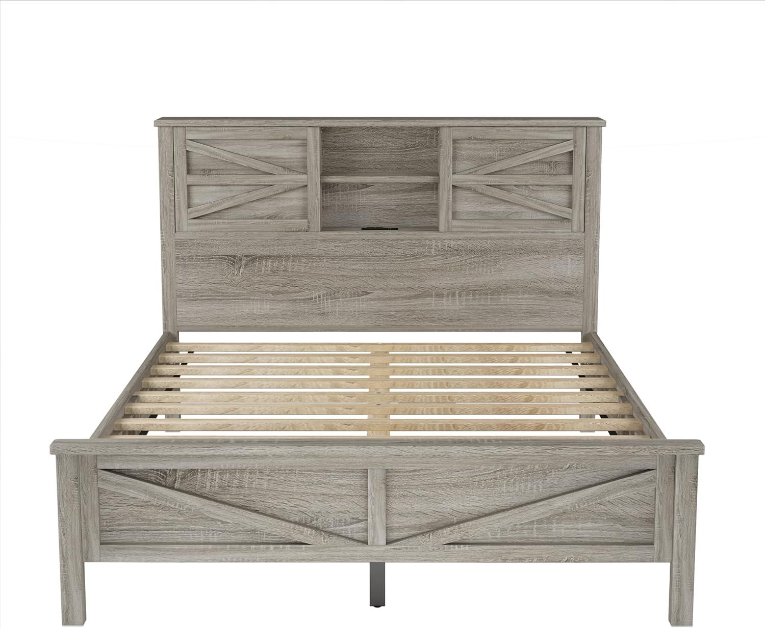 Farmhouse 3-Pieces Bedroom Sets, Queen Size Platform Bed with a Nightstand and 6-drawer Storage, Wood Platform Bed with Double Sliding Door Storage Headboard and Charging Station (Antique Gray-3)