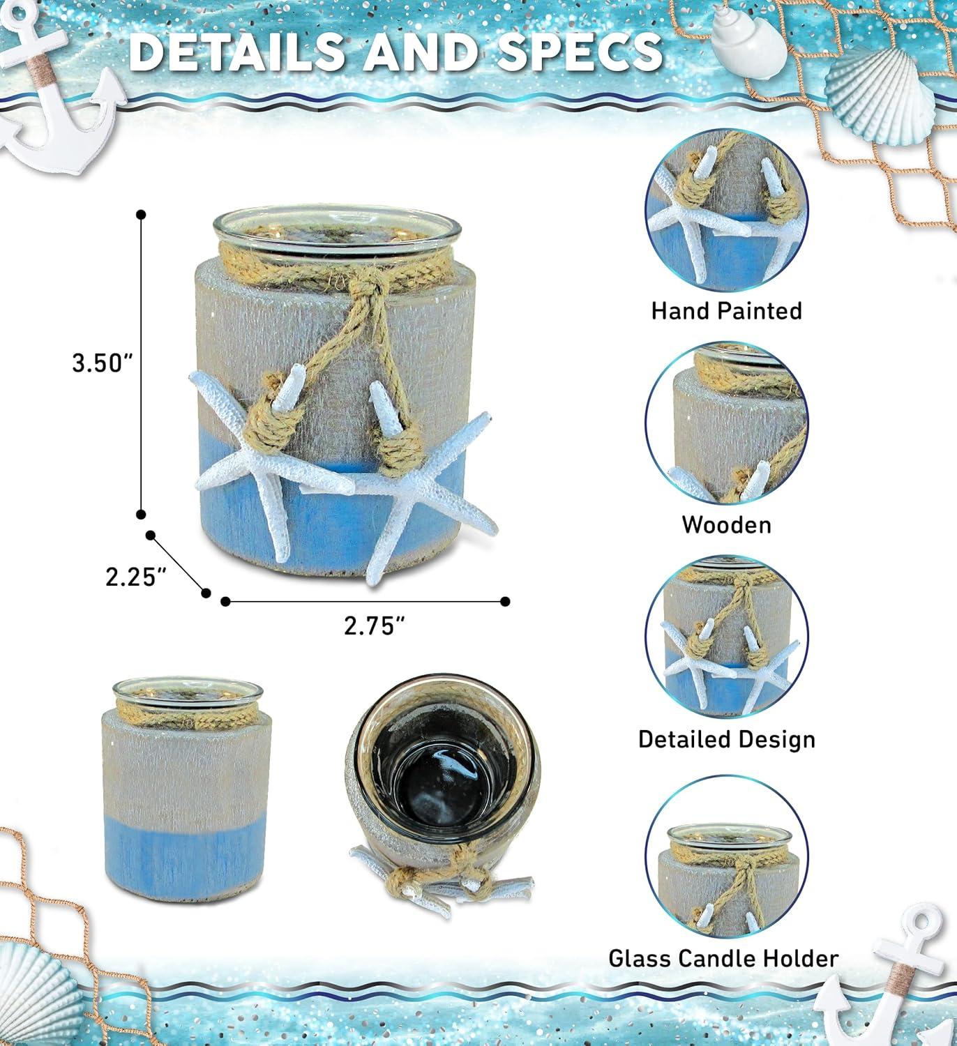CoTa Global Ocean Breeze Wooden Pillar Candle Holder - Tabletop Coastal Decor Candle Holder with Hanging White Starfish, Ocean-Themed Blue Candle Holder Centerpieces - Handmade, Color May Vary
