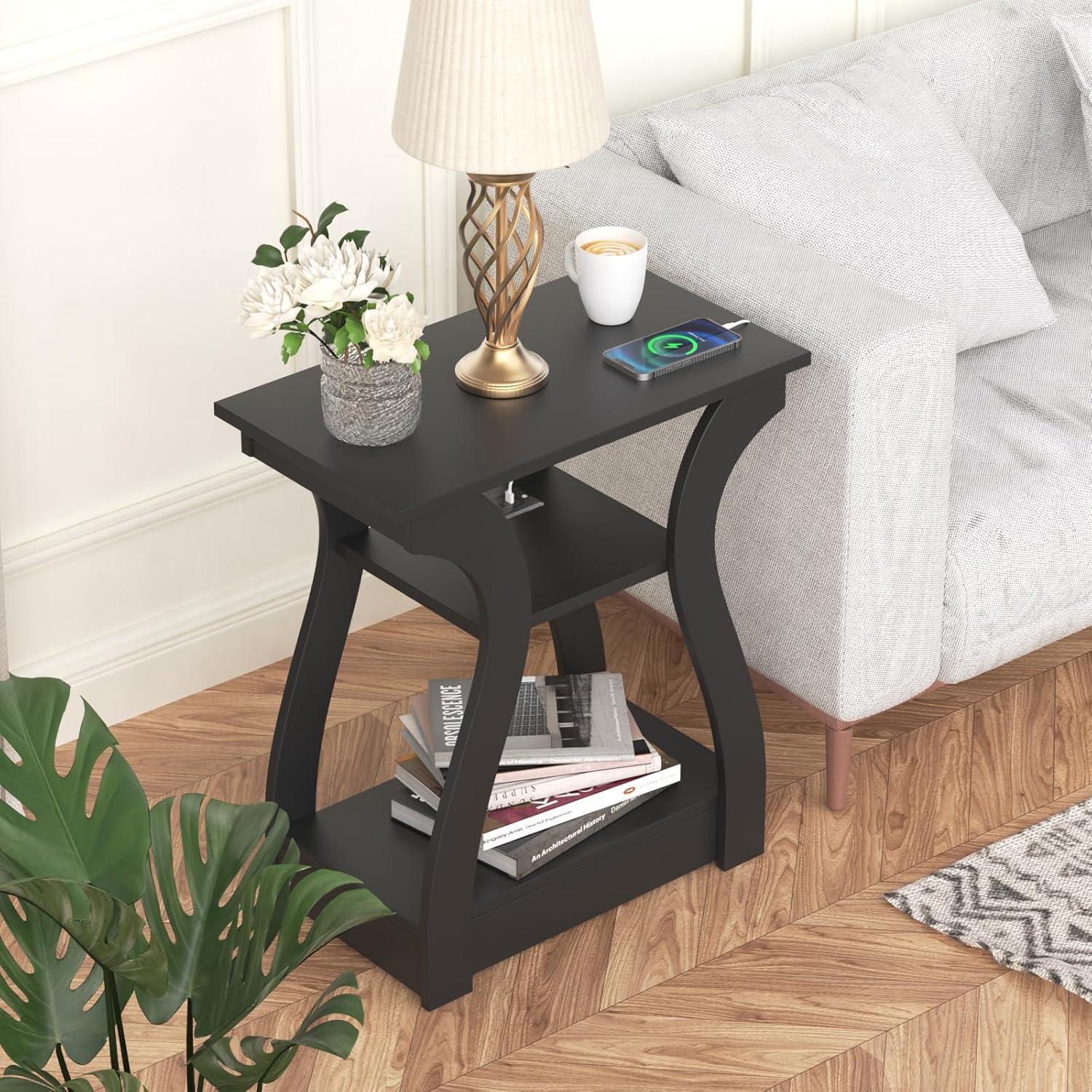 End Table with Charging Station, Side Table with USB Ports and Outlets, Nightstand, 3 Tier End Table with Storage Shelf for Living Room, Bedroom (Black)