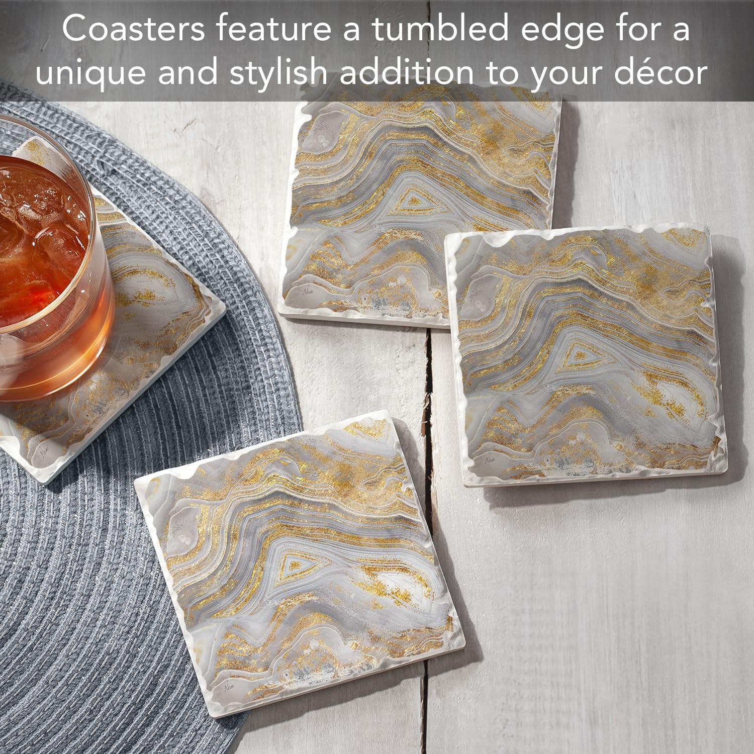 Agate Allure Gray and Gold Stone Coasters with Cork Backing