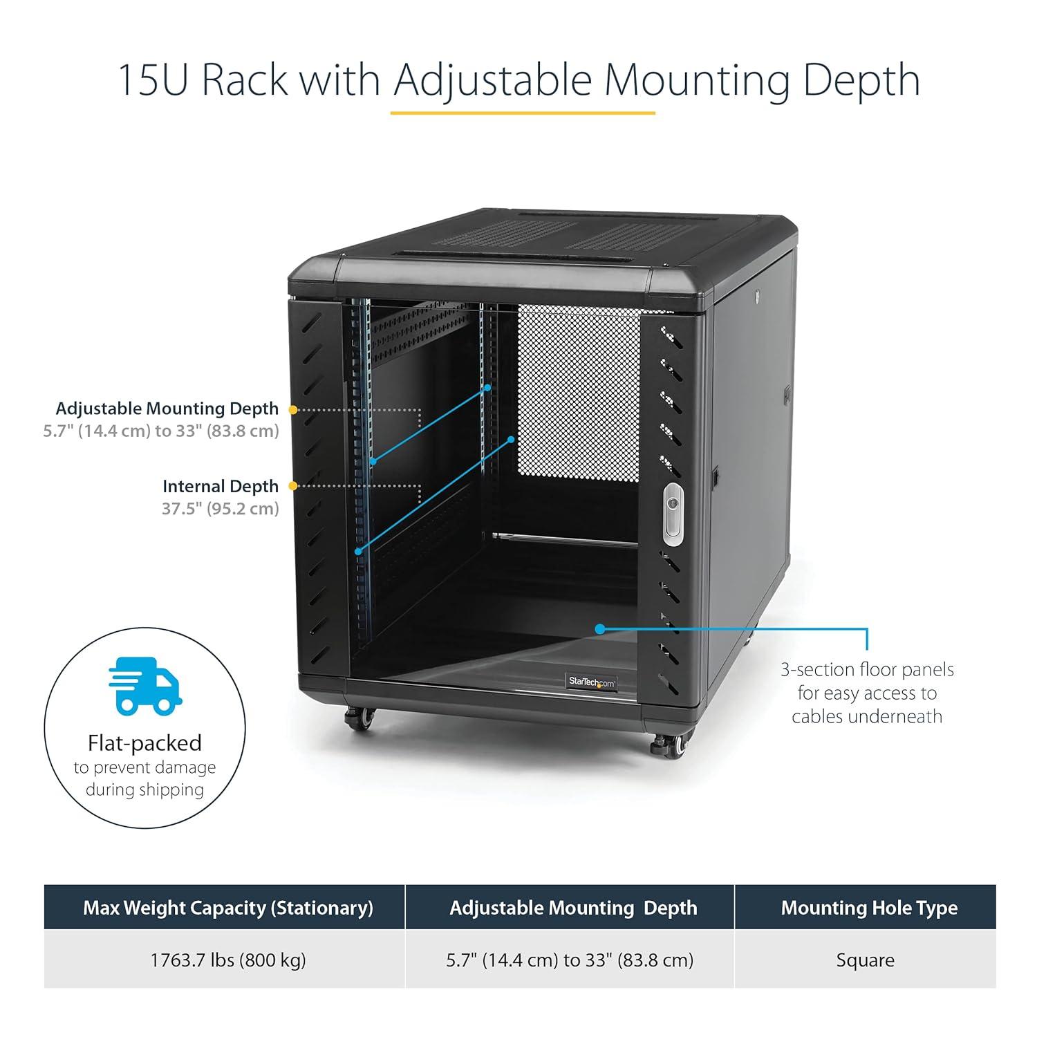 StarTech 4-Post 15U Server 19" Data Rack Cabinet, Lockable RK1536BKF