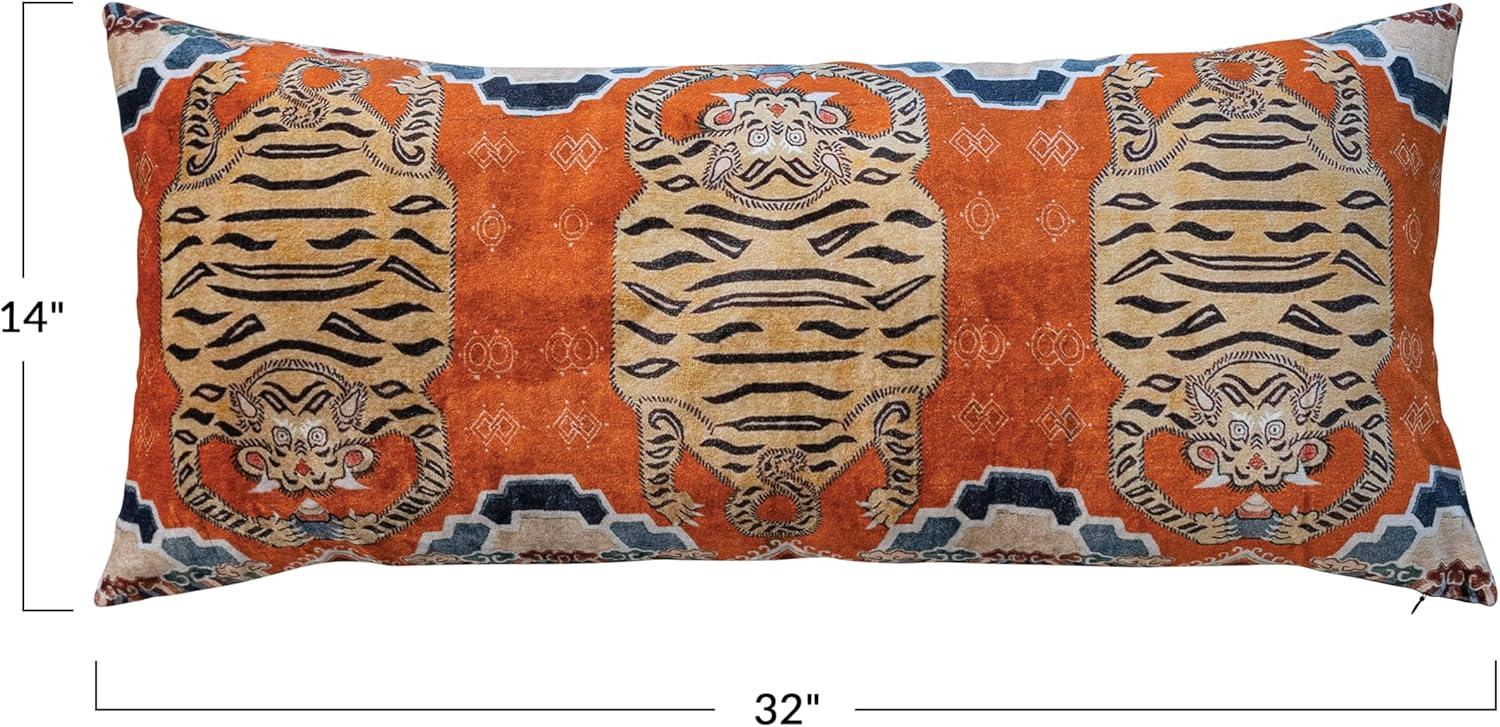 Tibetan Tiger Orange Cotton Velvet Lumbar Pillow