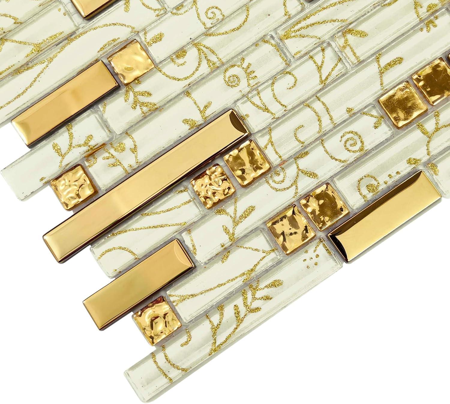 Metallic Glass Tile Luxury Gold Linear Interlocking Elegant Floral Pattern Accents Mosaic for Kitchen Backsplash Bathroom Wall and Fireplace Decor (3x12 Sample)