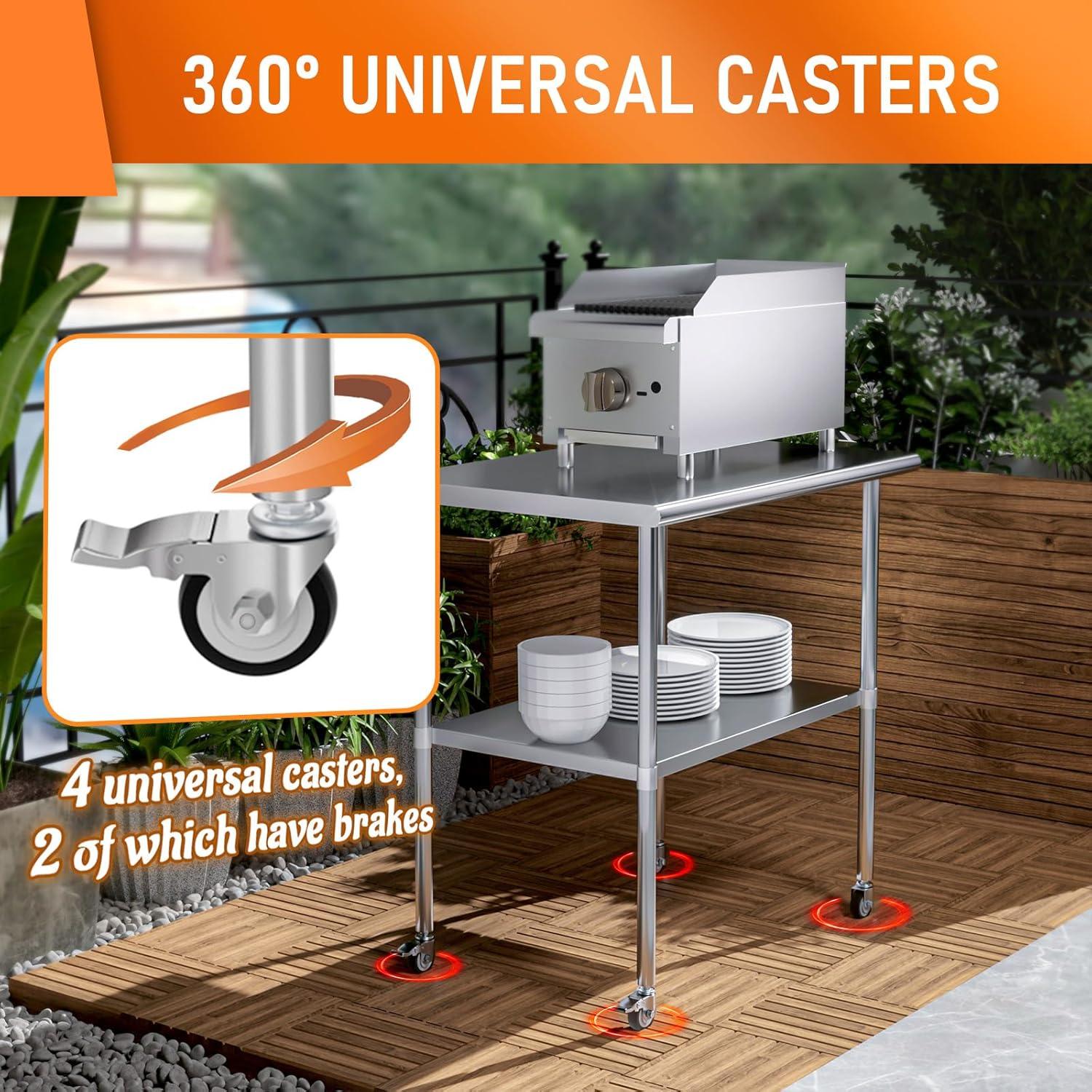 36"x24" Stainless Steel Kitchen Work Prep Table Commercial Workbench With Wheels