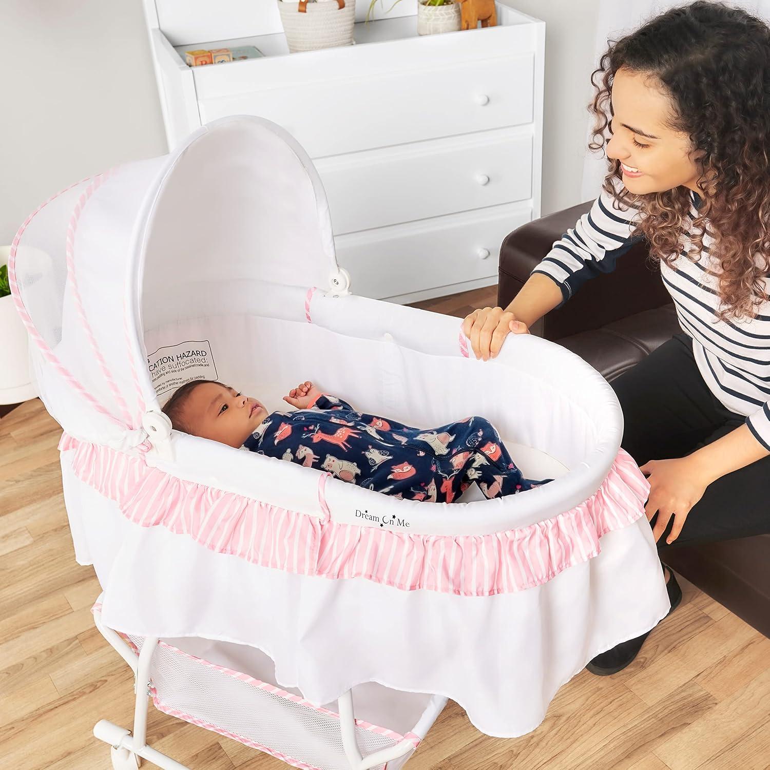 Dream On Me JPMA Certified Lacy Portable 2-in-1 Bassinet & Cradle, Pink/White