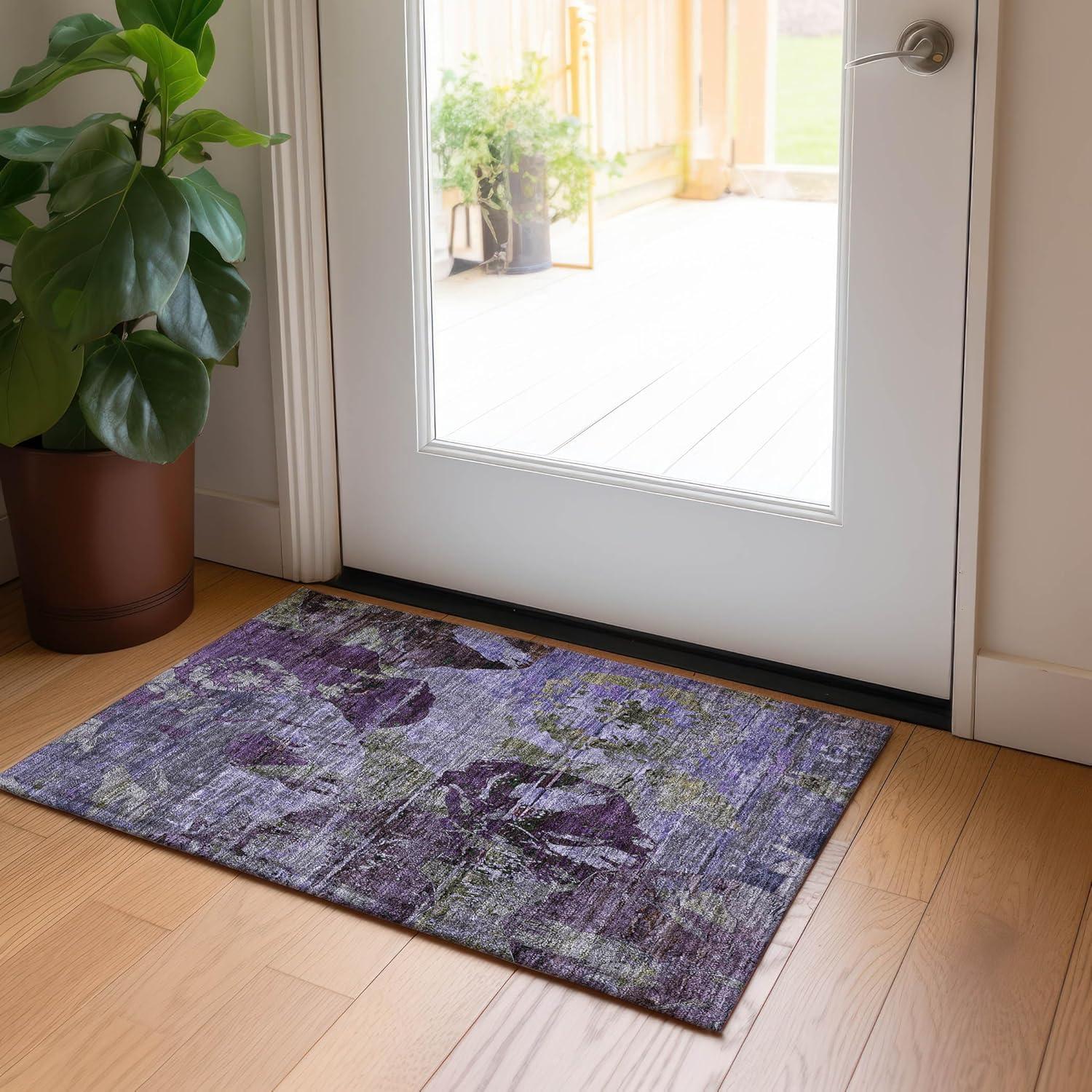 Purple Floral Pattern Machine Washable Rectangular Rug